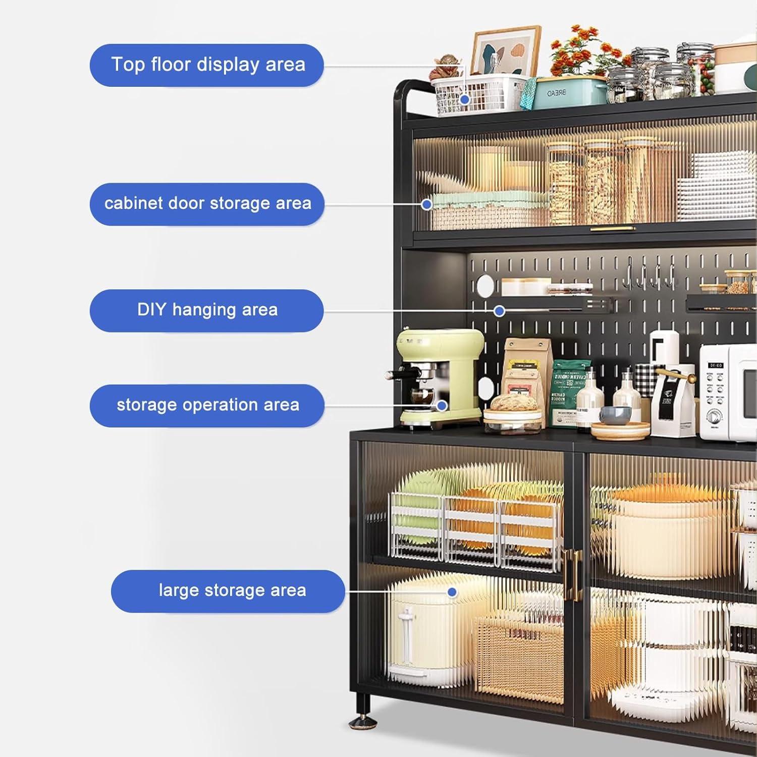 5-Tier Kitchen Storage Rack with Rolling Wheels - Black Bakers Rack, DIY Backplane, Dust-Proof Cabinet Doors, Versatile Kitchen Shelves for Home Organization