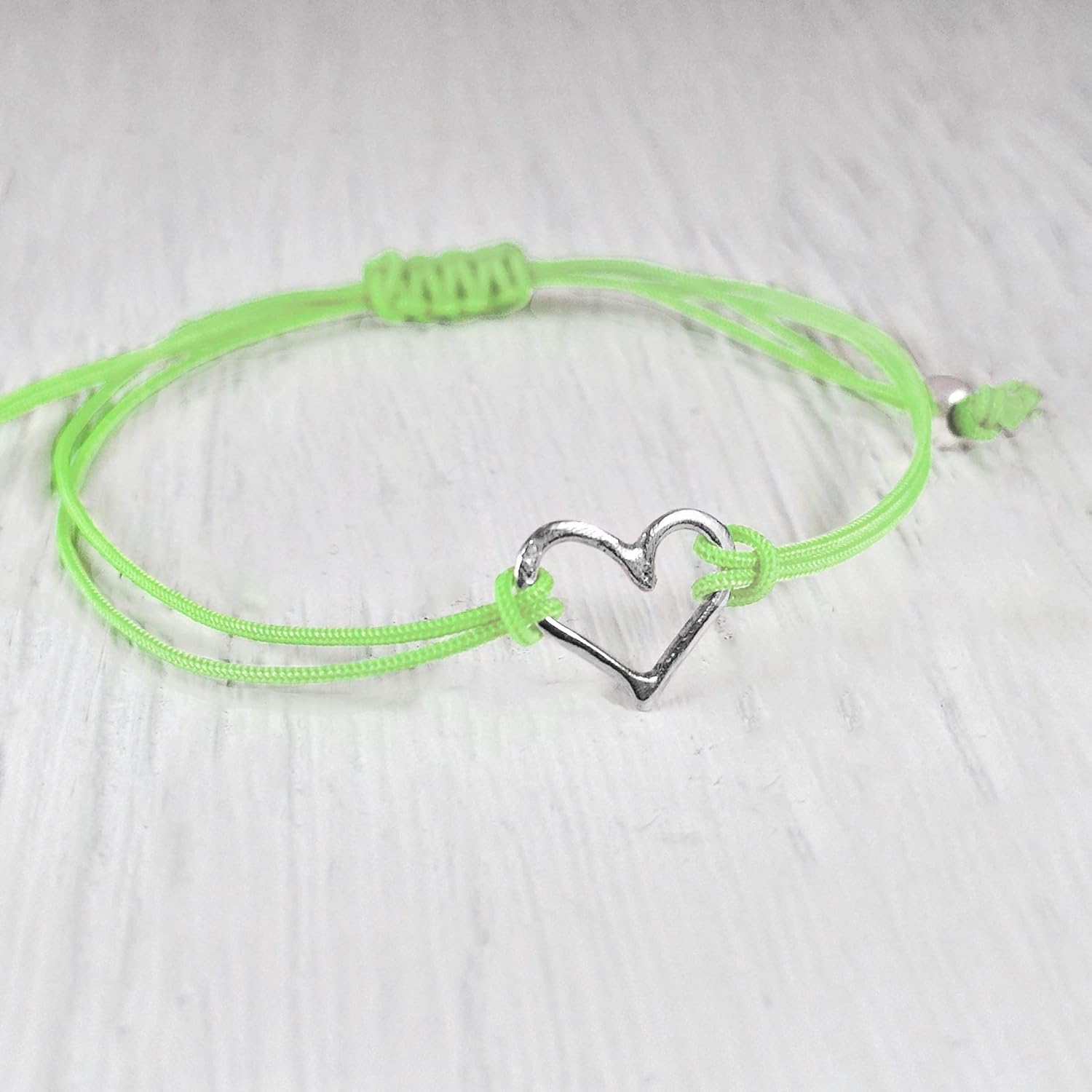 Lime Green, Womens Friendship Bracelet, Small Handmade Sterling Silver 925 Open Heart Shaped Charm, Pull Adjustable Kindred Cord Thread. Perfect Small Gift - Image 4