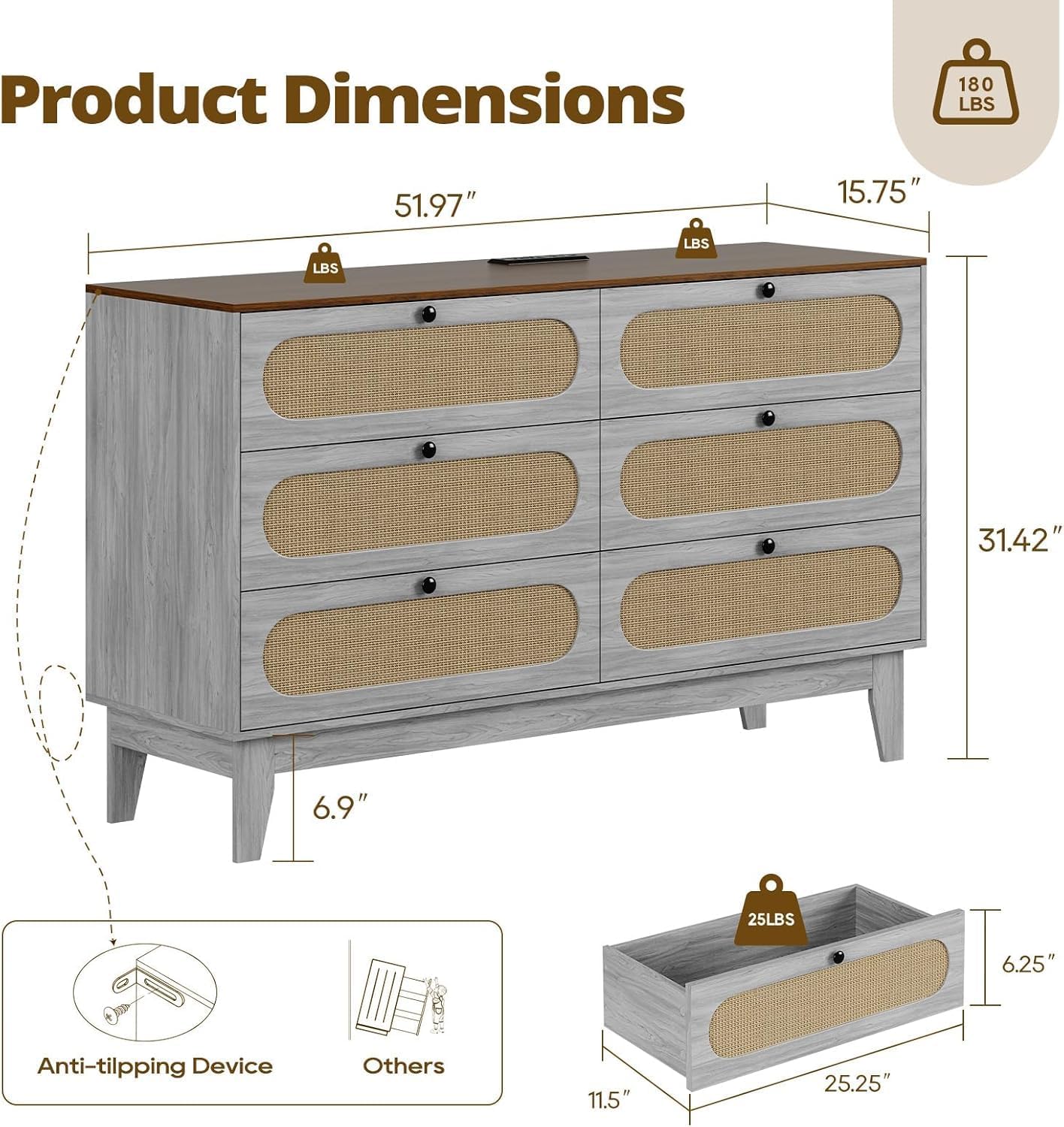 52''W Large Rattan Sideboard Buffet Cabinet with Charging Station, 6 Drawers Storage Wicker Kitchen Cabinet with Storage Rustic Wood Coffee Bar Table for Dining Room, Living Room