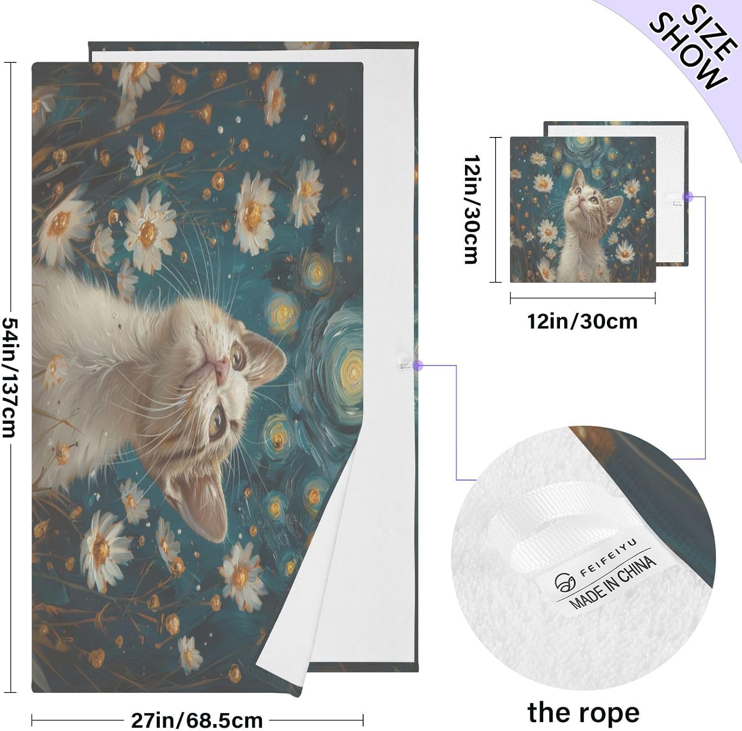 Hand Towels Premium Soft and Highly Absorbent Cat and Daisy 2 Pcs Towels for Bathroom Set 100% Cotton Decorative Face Towels