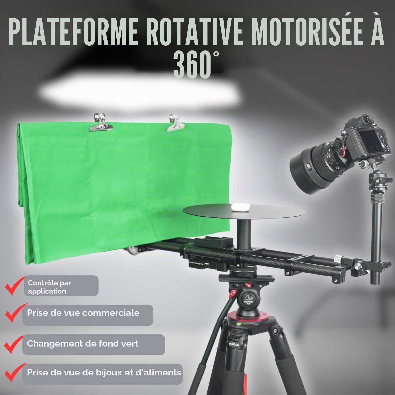 Plateforme rotative motorisée 360° avec Fond Vert – Contrôle par Application, Moteur Silencieux, Charge 10kg, Alimentation USB-C & Batterie pour Photographie et vidéographie