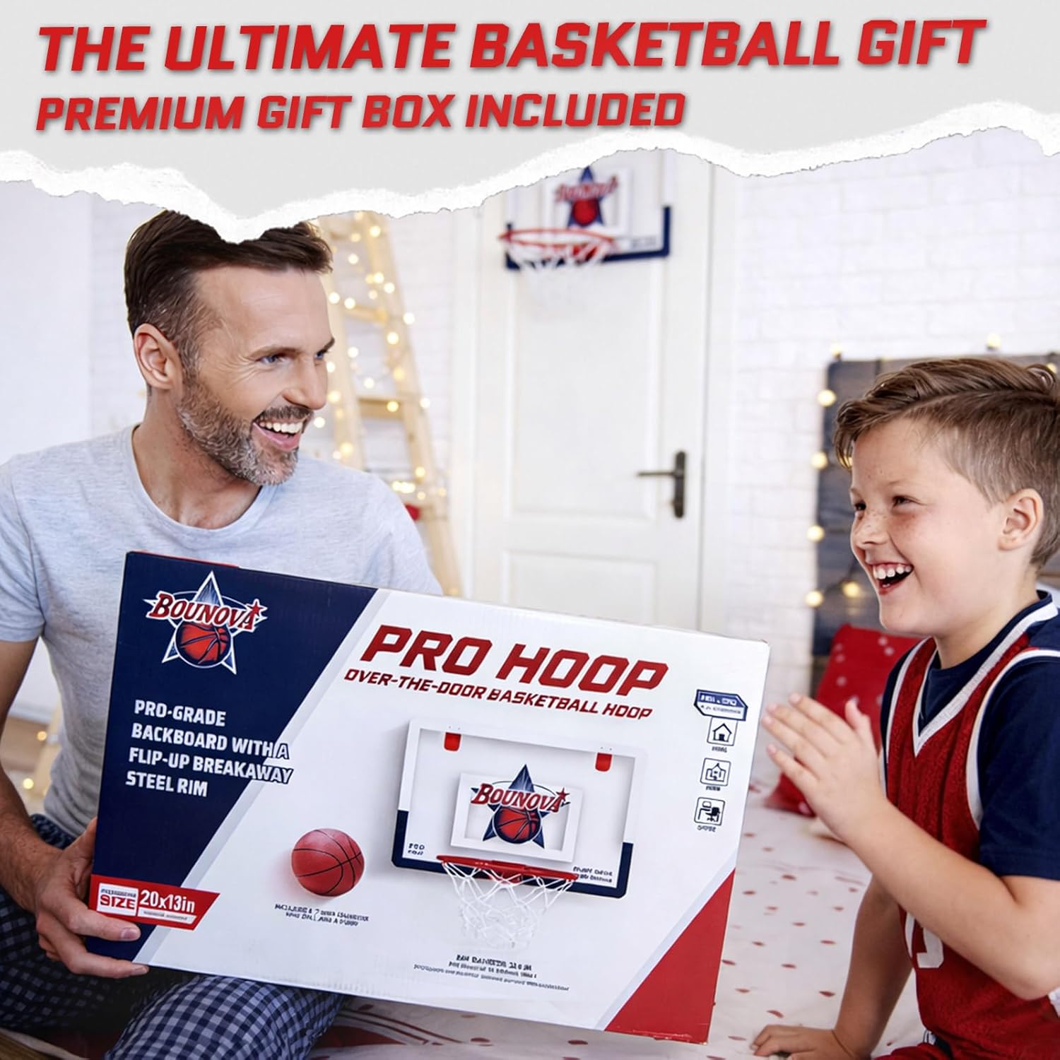 Bounova Indoor Over The Door Basketball Hoop, Large 20" x 13" Backboard, 12.6" Breakaway Rim Fits All Basketball Sizes, Indoor Hoop for Home Dorm Office