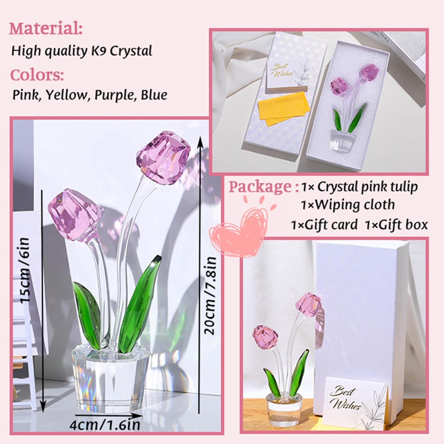 Christmas Pink Crystal Tulips Gifts for Women Figurine Ornament Glass Tulips Statue Gifts for Wife Mom Her Wife Grandma Tulips Flower Decor Birthday Anniversary Wedding Valentine Mothers Day