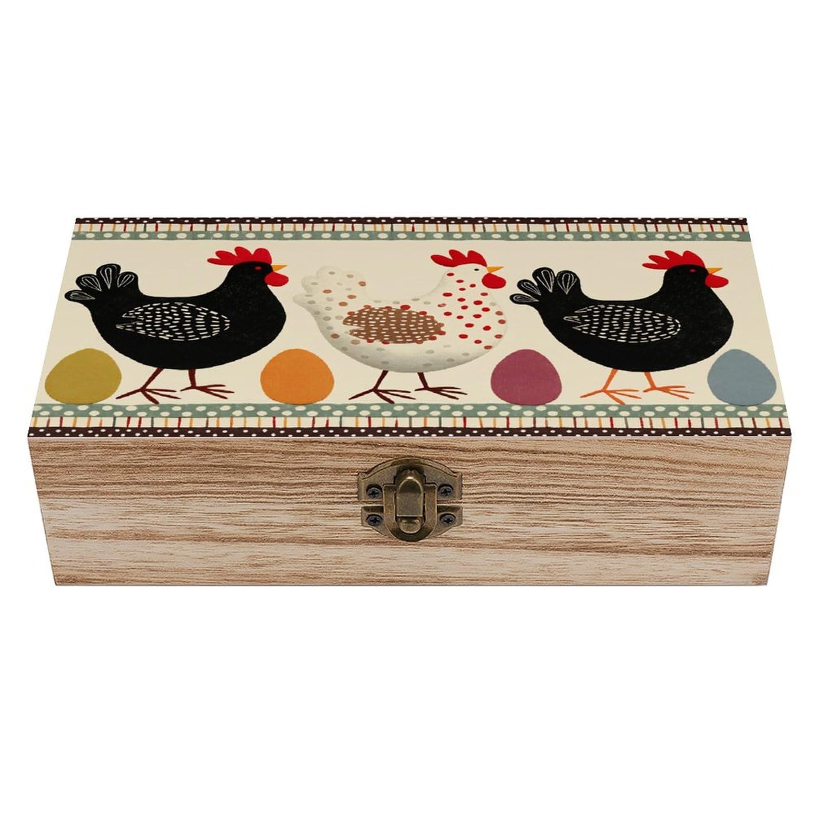 SMAZDFXX Chicken Egg Pattern Farmhouse Decor Wooden Keepsake Box Vintage Solid Wood with Hinged Lid 7.9"×3.7"×2.3" Metal Latch Rustic Home Decor for Jewelry Photos And Trinkets
