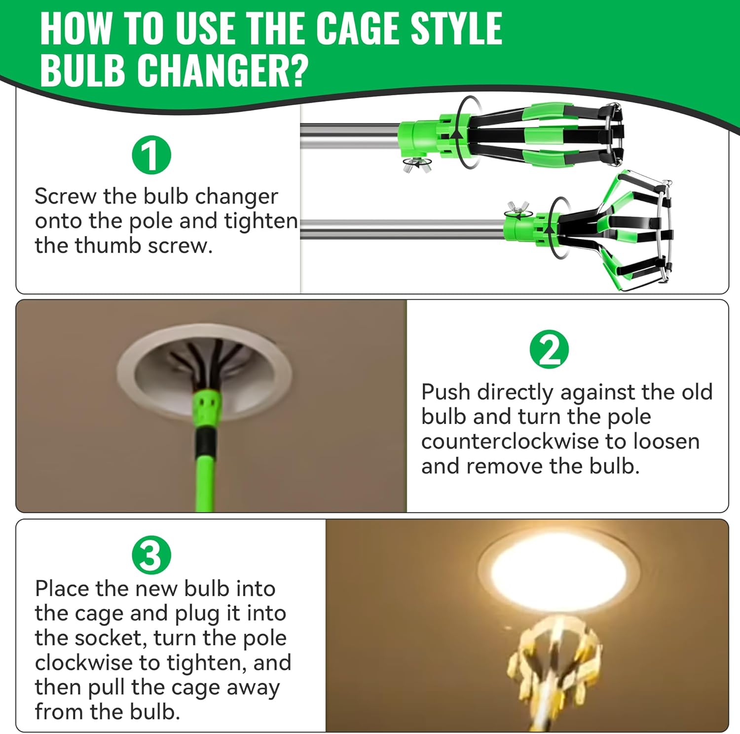 Dreyoo 4 Pieces Set Light Bulb Changer, Suction Cup and Cage Changer for Incandescent, Floodlight, Broken Bulb and Recessed Lights, Compatible with Standard Extension Pole, Pole Not Included(Green)