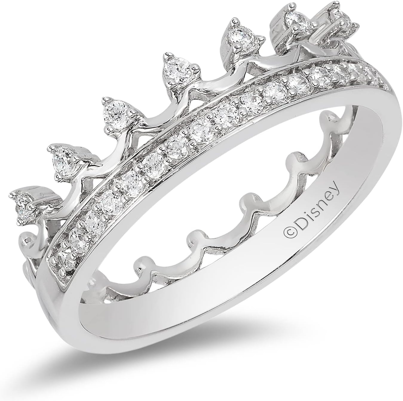 Jewelili Enchanted Disney Fine Jewelry Sterling Silver 1/5 Cttw Diamond Majestic Princess Crown Ring