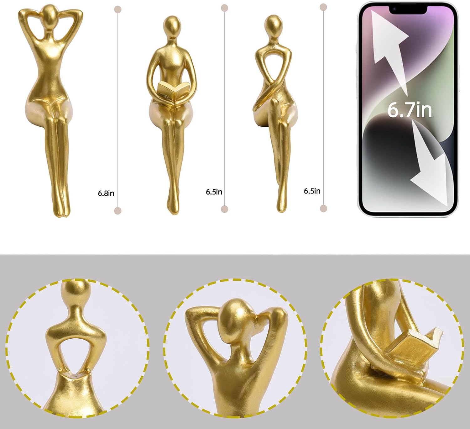 Quoowiit Gold Decor Thinker Statue Decor Book Shelf Decor, Abstract Statue Ornament Office Decor Modern Home Decor Decorations for Living Room Collectable Figurines Coffee Table Decor 3 Piece