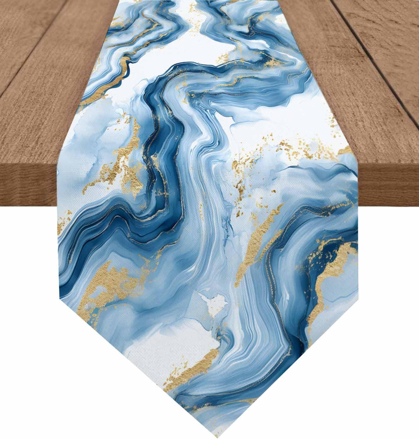 Marble Texture Cotton Linen Table Runner Blue Gold Abstract Modern Burlap Table Runners for Dinning Table Kitchen,Wedding,Holiday Parties,Events Decor - Modern Marbling Dresser Scarves 14x72 Inch