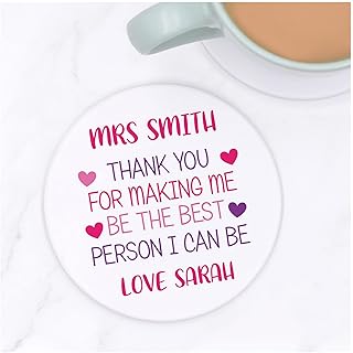 Thank You Teacher Coaster Gift For Her Women Female - Personalised Gift From School Pupil Child - Teaching Assistant TA Key Worker Presents - Ceramic Tea Coffee Drinks Coaster