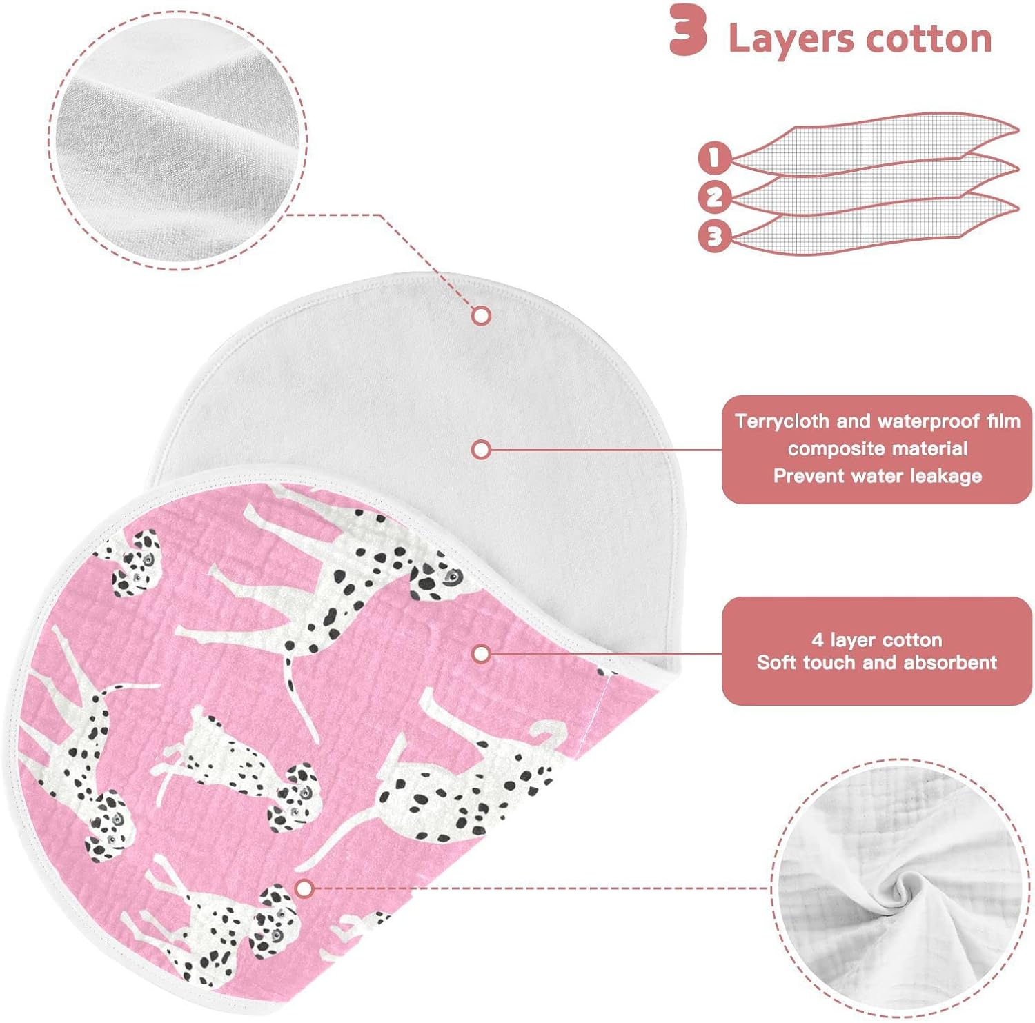 Dalmatian Dogs On Pink Muslin Burp Cloths for Baby 1 Pack 100% Cotton Baby Washcloths Bibs for Boy Girl