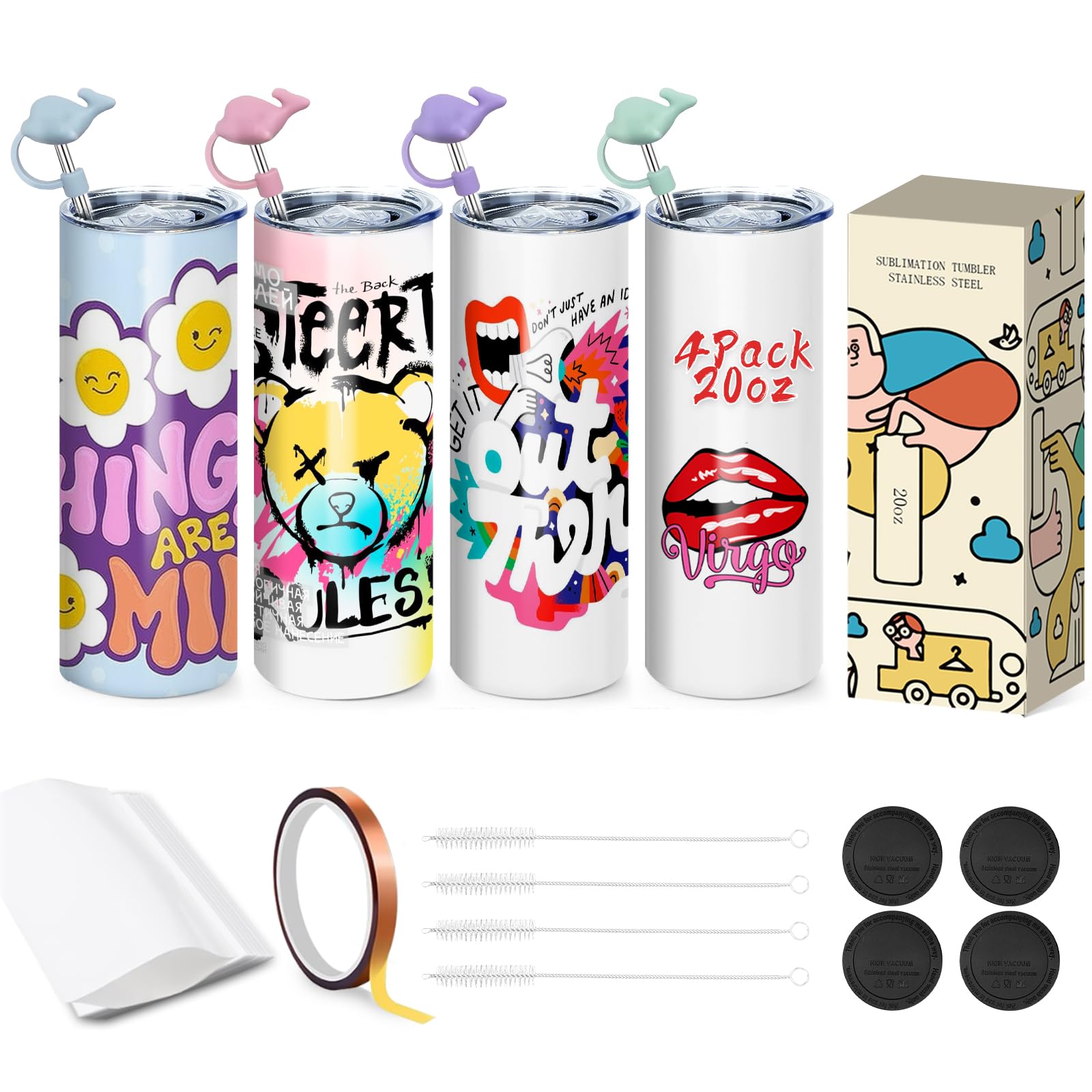 Bicchieri a sublimazione, sottili, dritti, da 590 ml, confezione da 4 pezzi, confezione regalo individuale, bicchieri isolati a doppia parete per trasferimento