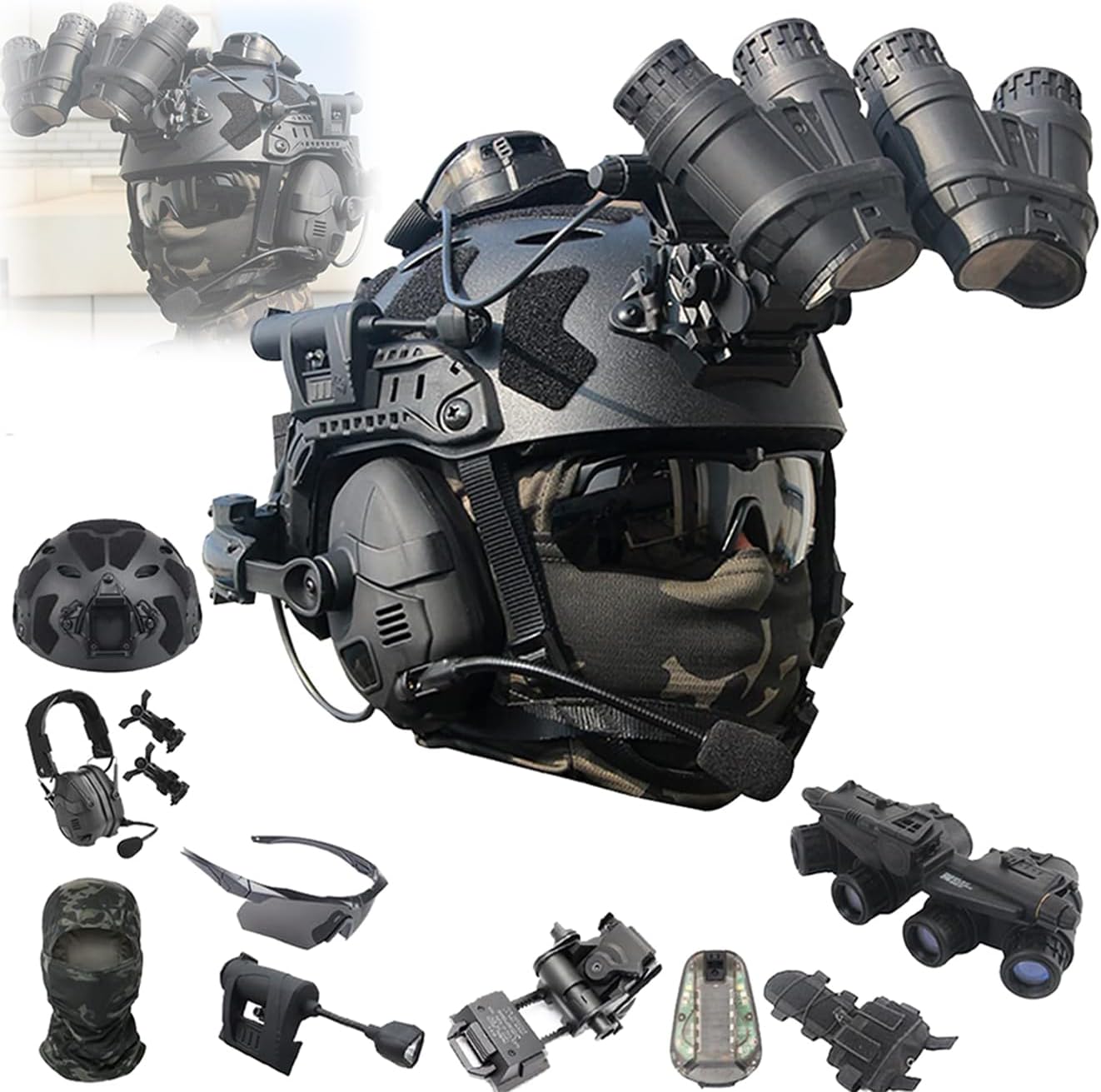 Fast SF PJ Paintball Airsoft Helmet Set,with Tactical Bluetooth Headset,NVG Model,Metal L4G24 Mount,Goggles,Flashlight,Battery Pouch,for Hunting CS Cosplay