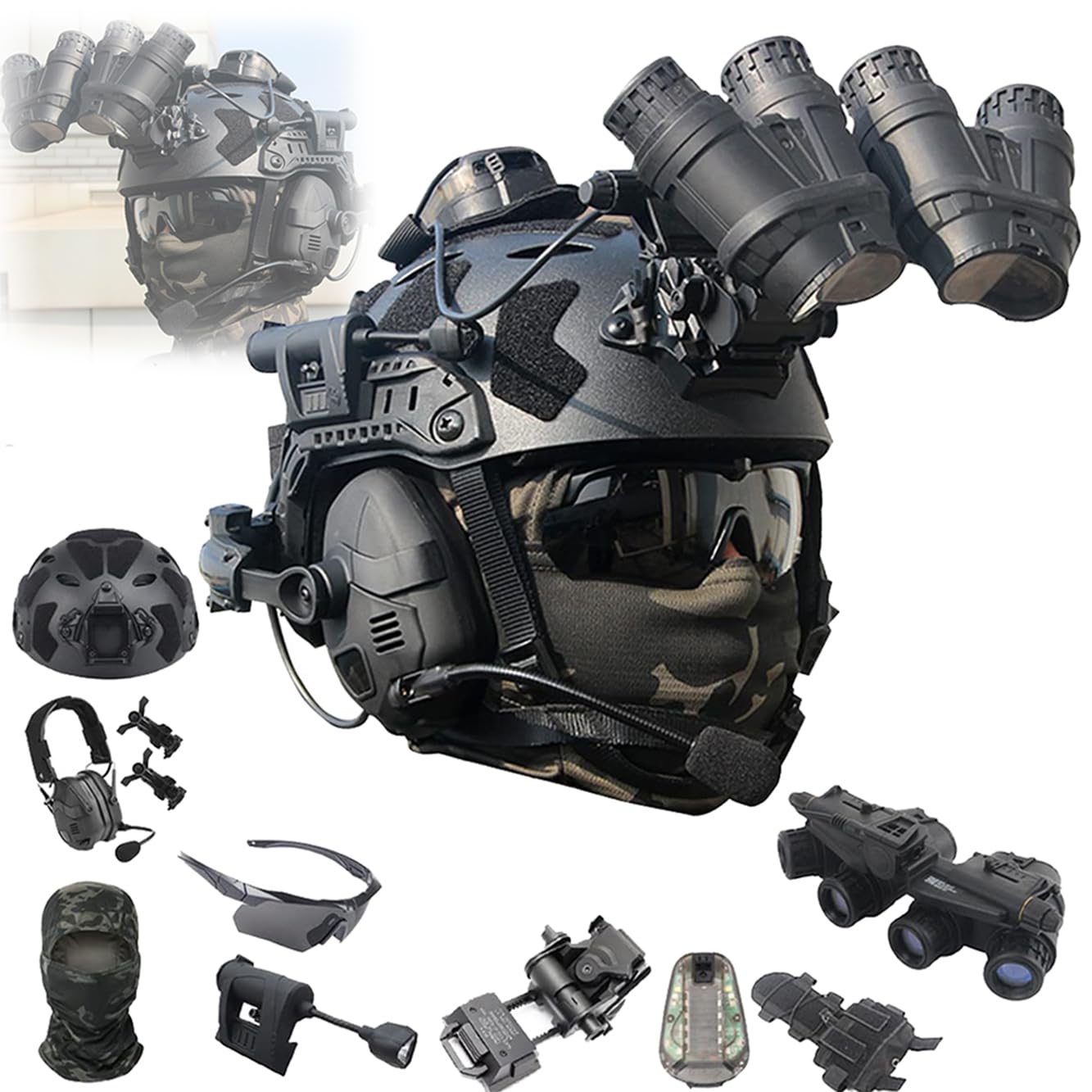 Fast SF PJ Paintball Airsoft Helmet Set,with Tactical Bluetooth Headset,NVG Model,Metal L4G24 Mount,Goggles,Flashlight,Battery Pouch,for Hunting CS Cosplay