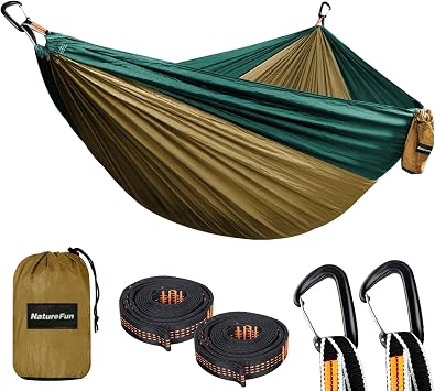 NATUREFUN Ultra-Light Travel Camping Hammock | 300kg Load Capacity,275 x 140 cm Breathable,Quick-drying Parachute Nylon | 2 x Premium Carabiners,2 x Nylon Slings Included | Outdoor Indoor Garden