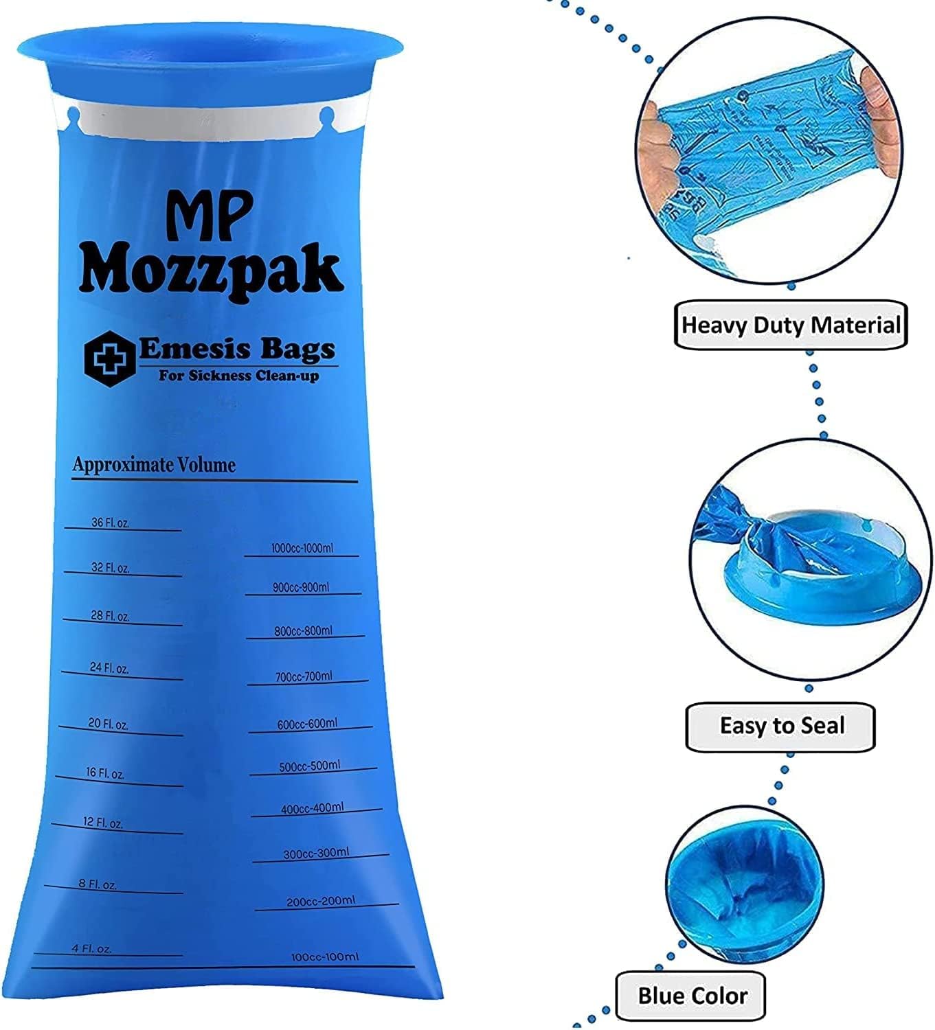 MP MOZZPAK Vomit Bags Disposable 100 Pack - 1000ml Emesis Bags, Leak-Proof Barf Bag, Travel Friendly Puke & Nausea Bag for Motion Sickness, Medical Grade Throw up Relief for Car, AirPlane, & Road Trip