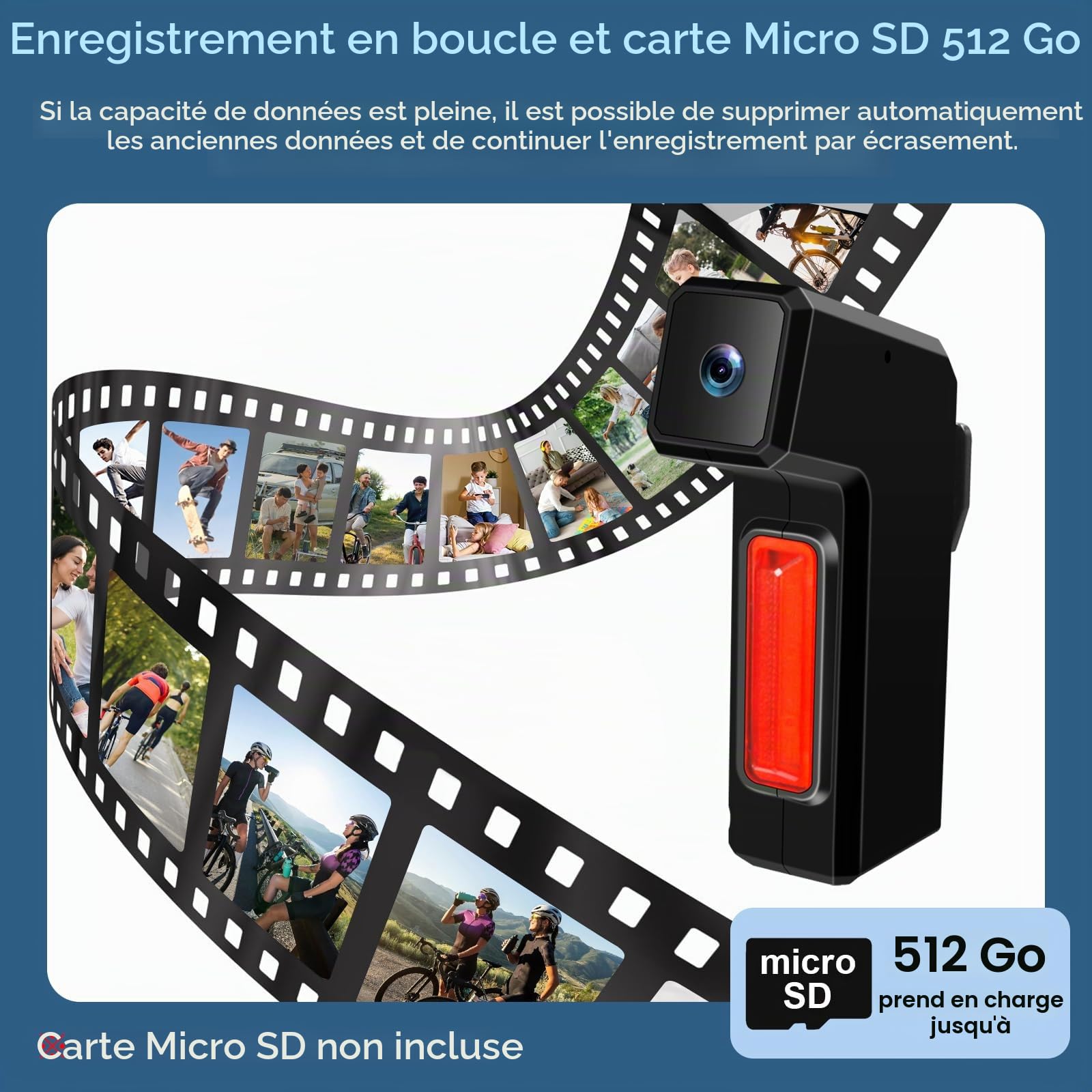 Caméra Vélo Arrière 1080P 120° 19h IPX3 avec feu, Dashcam pour Vélo/Moto