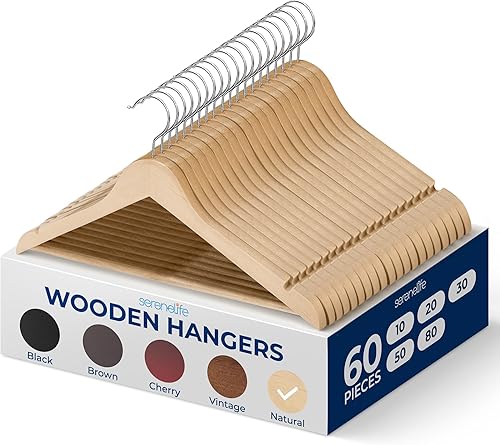 SereneLife Perchas de madera maciza, paquete mega, 60 perchas para ropa, juego de perchas resistentes con gancho giratorio cromado de 360 grados,