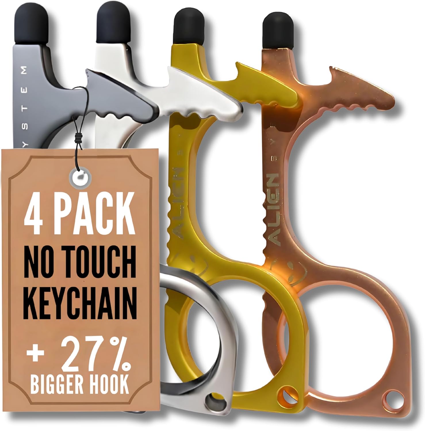 No Touch door opener tool – Premium Touchless key tool – No touch key – by Alien System (Silver Pearl + Gun Grey + Gold + Rose Gold, 4 pack Large)