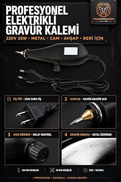 Transformacion Elektrikli Gravür Kalemi 220V 25W Hassas Ayarlı Cam Metal Ahşap Deri Taş Oyma Yazı Kazıma Markalama Cihazı Hobi Seti 722491