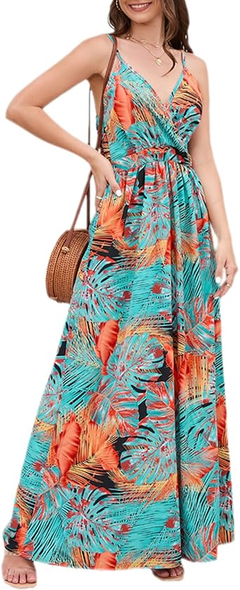 Women Sexy Spaghetti Strap Deep V Neck Flowy Maxi Boho Dress Elastic High Waist Floral Long Flare Beach Dress