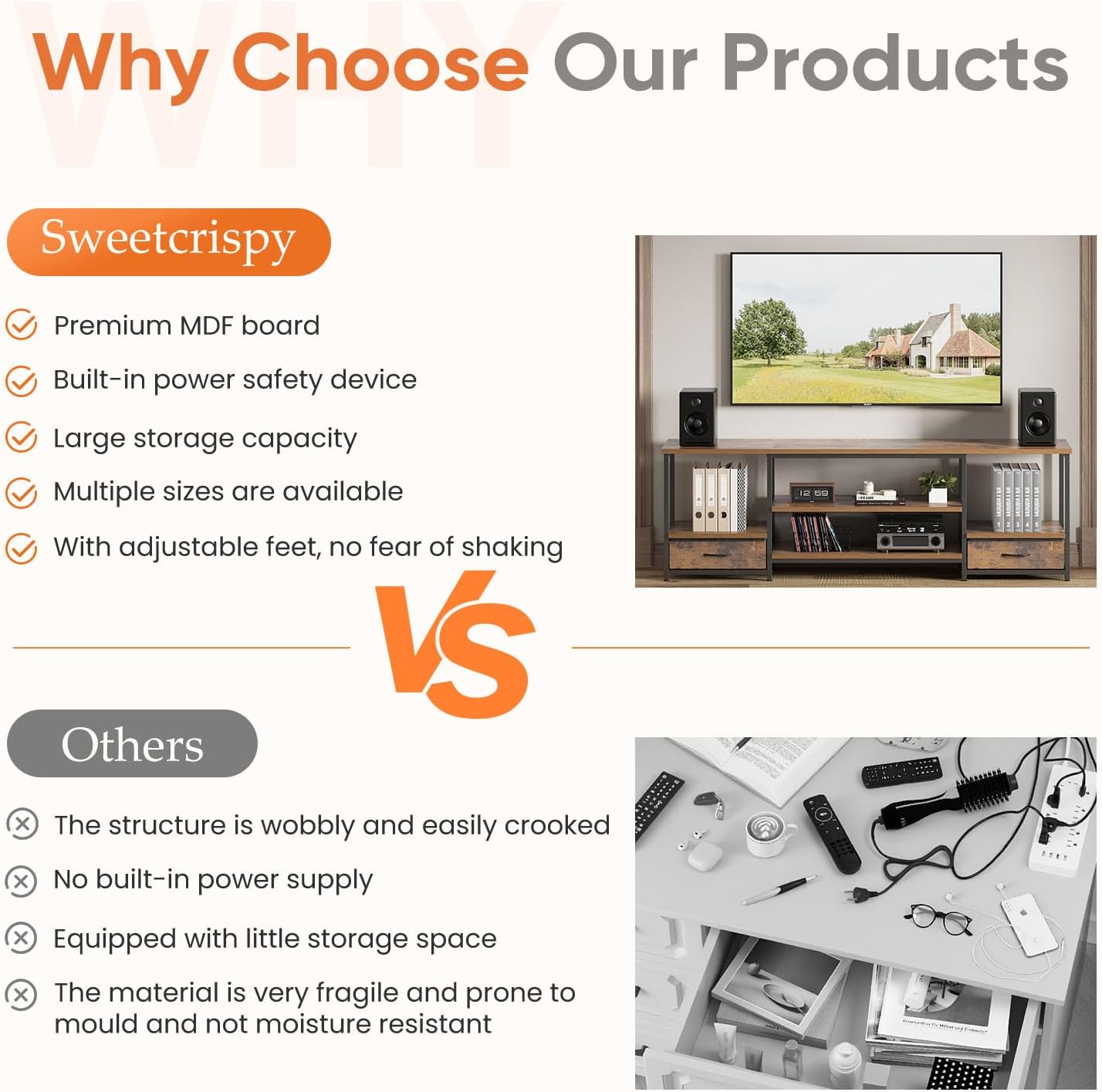 Sweetcrispy Entertainment Center with Stoage Wood TV Stand with Drawers for 75 Inch+ TVS, Television Stands for Living Room Media Console with Charging Station Drawers Shelf Sturdy Frame, 63'' Rustic