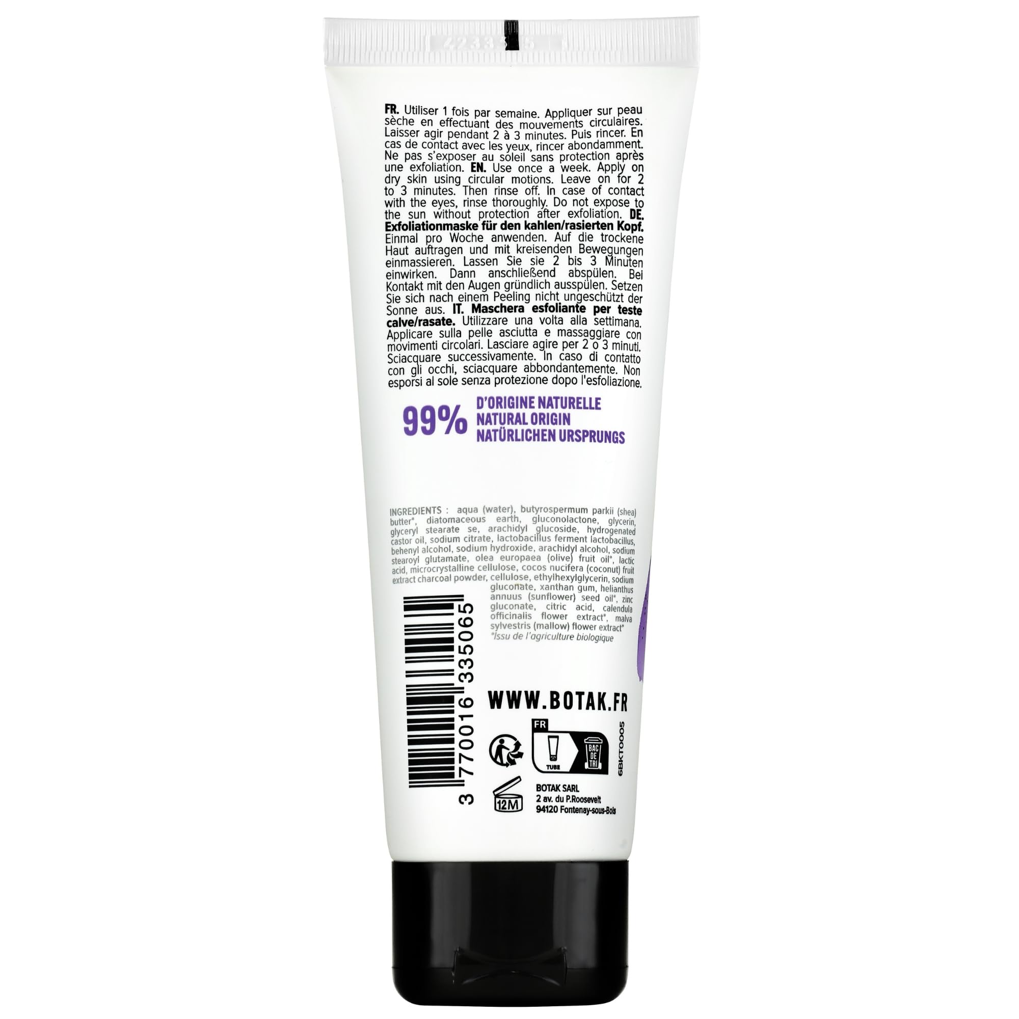 Masque Exfoliant Doux et Purifiant BOTAK Crâne Rasé et Chauve, Français | 99% d’origine naturelle, Vegan, Absorbe l’excès de sébum, limite boutons et poils incarnés, Régulateur de pH et microbiote