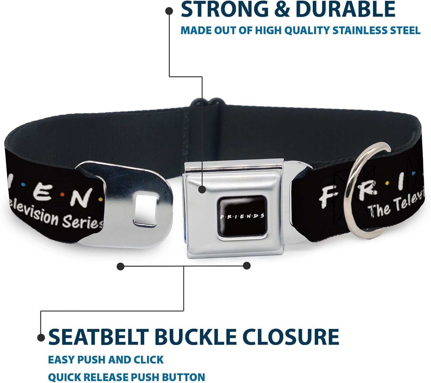 Friends Pet Collar, Dog Collar Metal Seatbelt Buckle, Friends The Television Series Logo Black White Multi Color, 9.5 to 13 Inches 1.0 Inch Wide