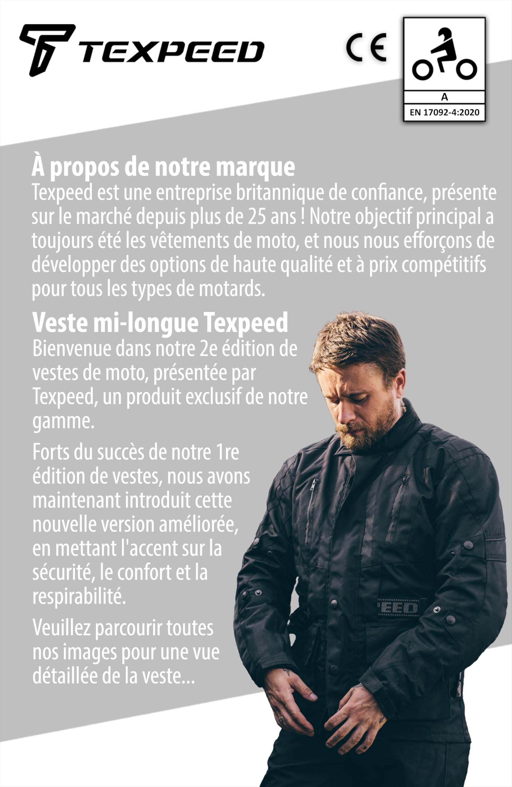 Texpeed Veste moto homme homologué avec armure protection - Hiver/été blouson motard imperméable avec blindé CE (EN 1621-1) Noir - 8XL