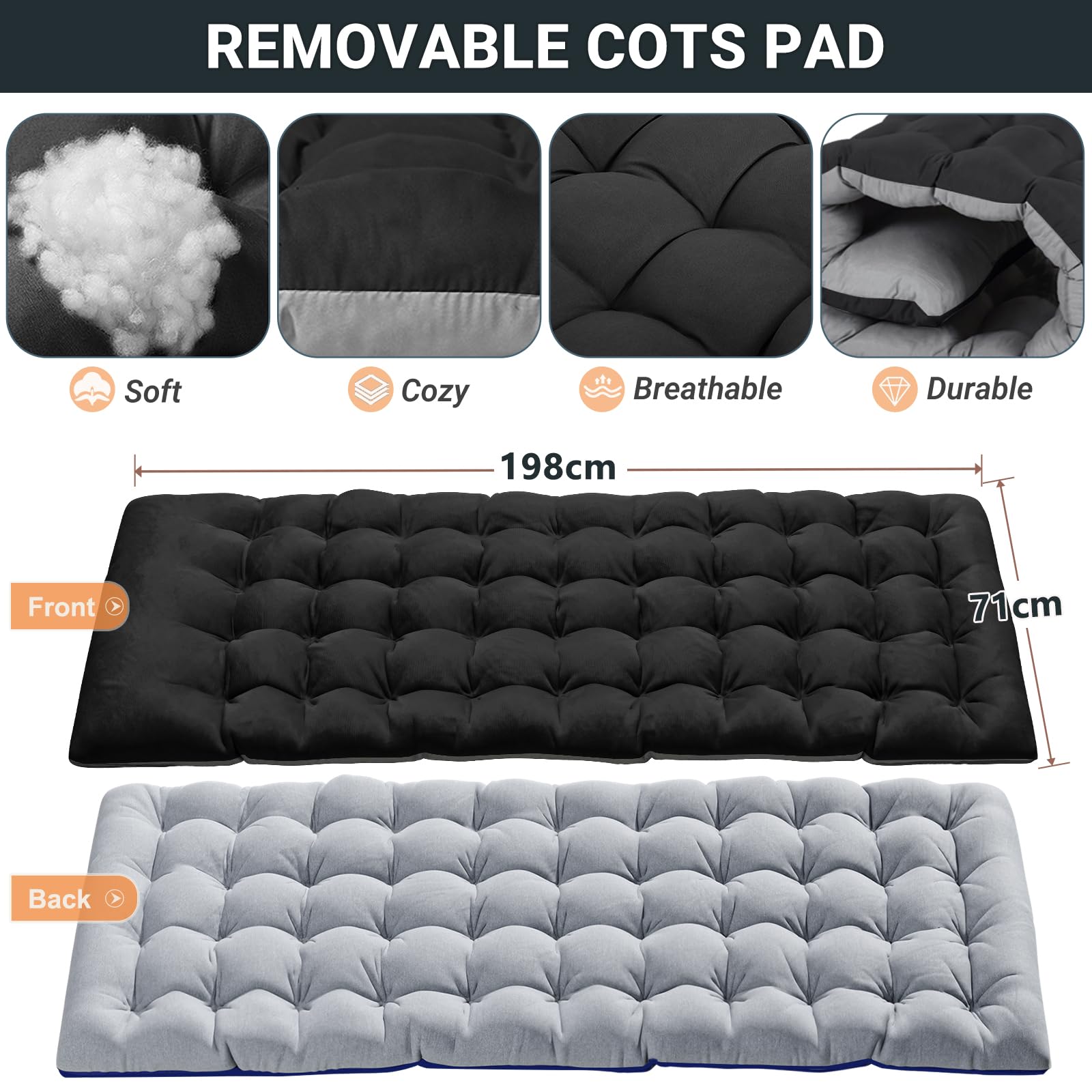 MOPHOTO - Cama Plegable Extragrande para Acampar con colchoneta para Adultos (198 cm de Largo x 81,5 cm de Ancho x 46 cm de Alto), Resistente, con Bolsa de Transporte, Tela Oxford de 1200 D (Negro)