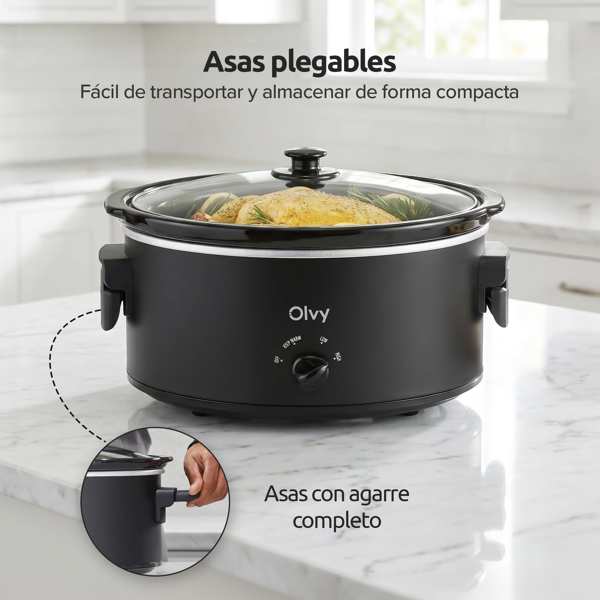 Olvy Olla de cocción lenta 6L con olla interior de cerámica, 3 niveles de temperatura, asas plegables