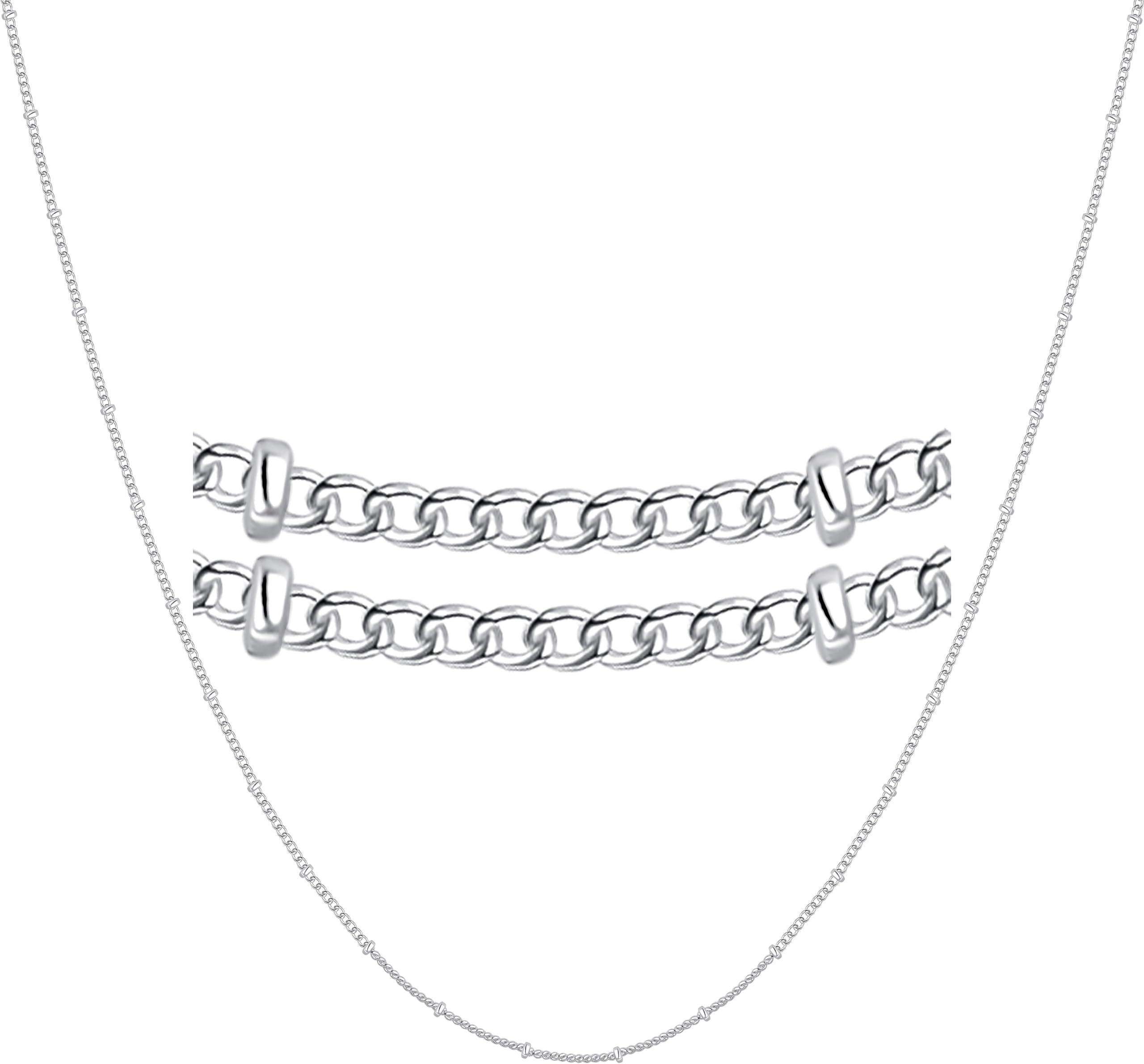 925 Sterling Silver 16/18/20/22/24" inch Chain Necklace Thin Box/Diamond/Water Wave/Beads/Figaro Cuban Chain Shiny & Sturdy for Women 1.55/1.8/ 2mm
