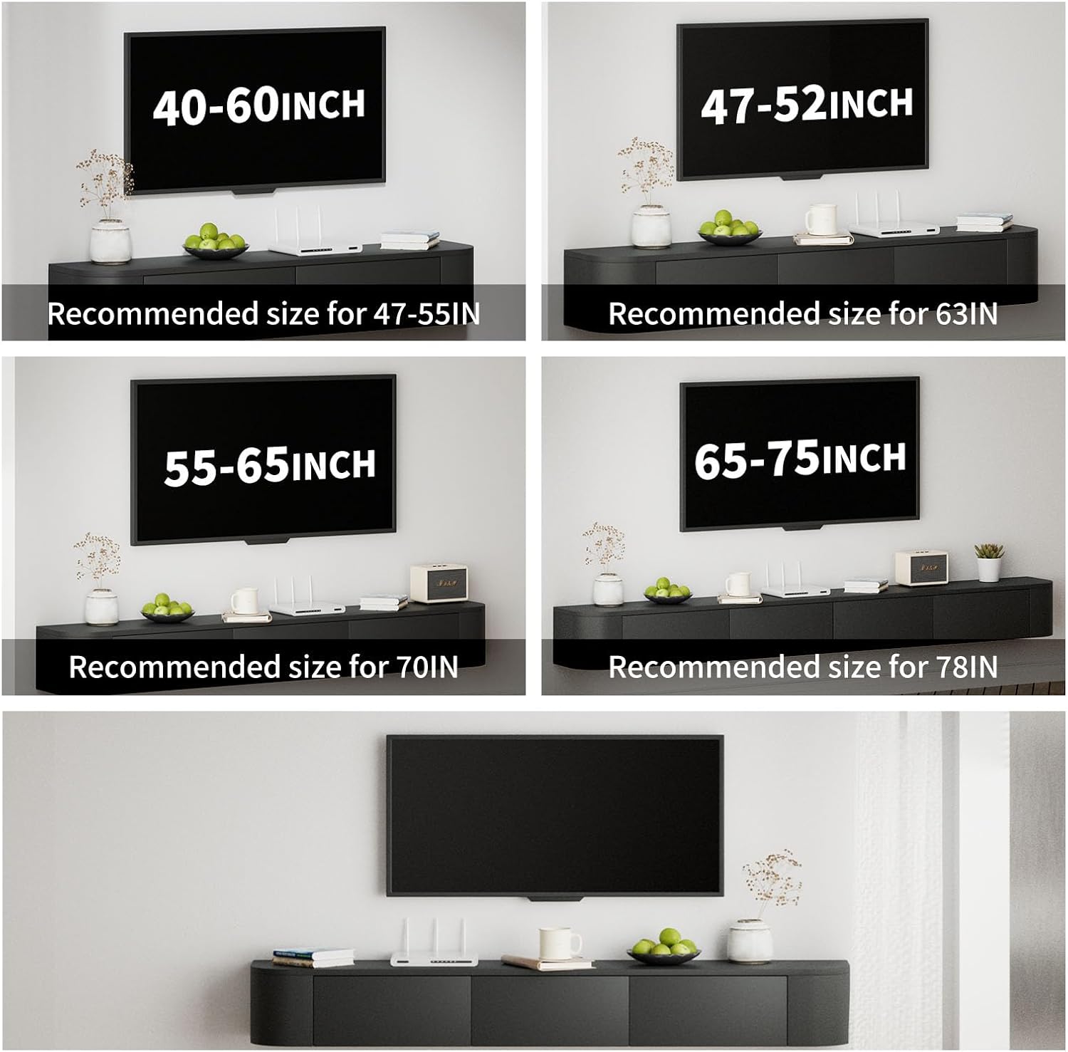 SHGJ&SOFT Floating TV Stand Wall Mounted Media Console with Door Entertainment Centerwith Storage Cabinets, Wall Mounted TV Shelf for Bedroom,Living Room (Black, 63IN)
