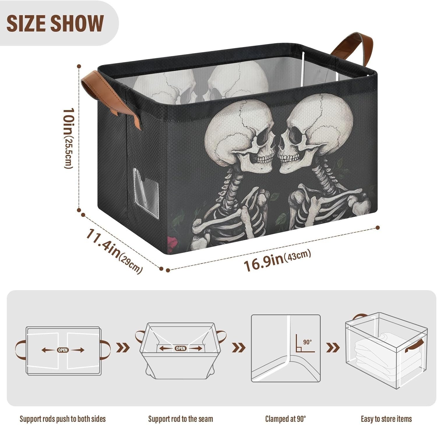 Romantic Skeleton Gothic Storage Bins for Shelves with Labels&Handles Fabric Organizer Bin Foldable Rectangle Storage Basket Boxes for Closet, Bathroom, Home, Living Room, Laundry