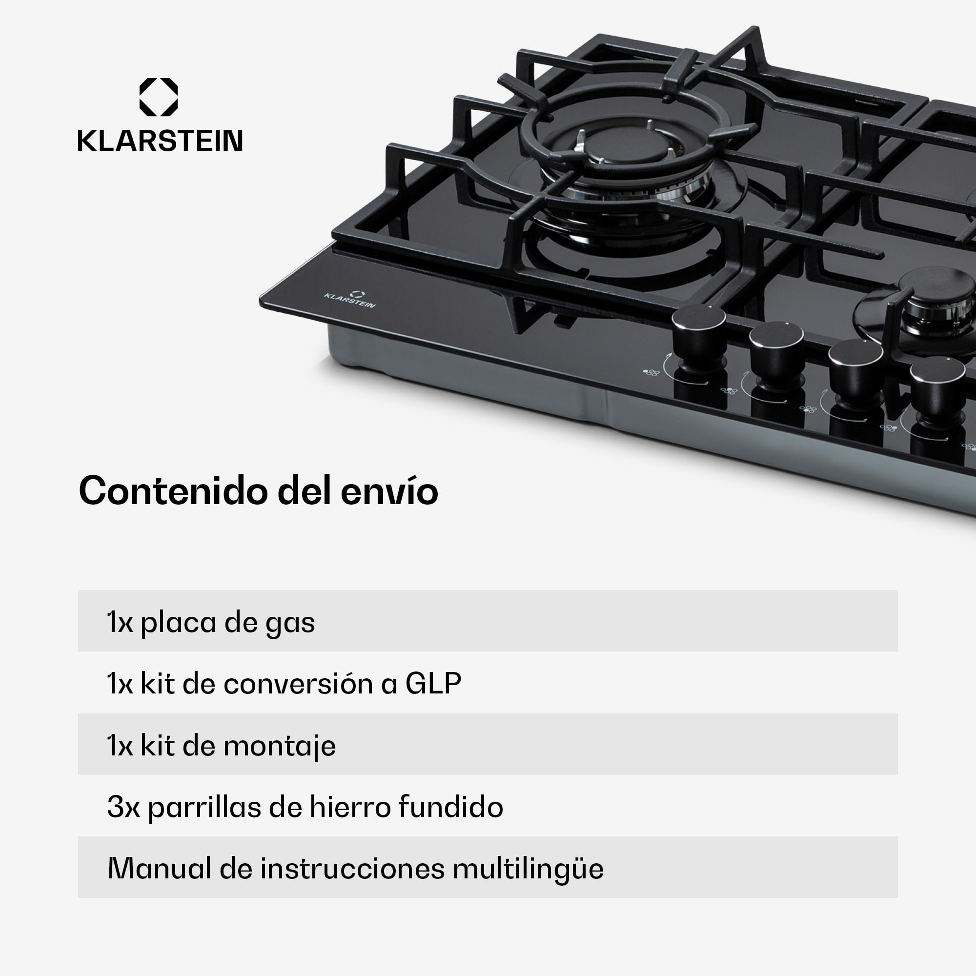 Klarstein Cocina de Gas Butano, 5 Fuegos Placa de Gas para Encimera Cocina, Potencia de 11100W, Placa Butano Integrada Acero y Cristal Cerámico, Fogones para Cocinas, Encimera de 5 Anillos GPL