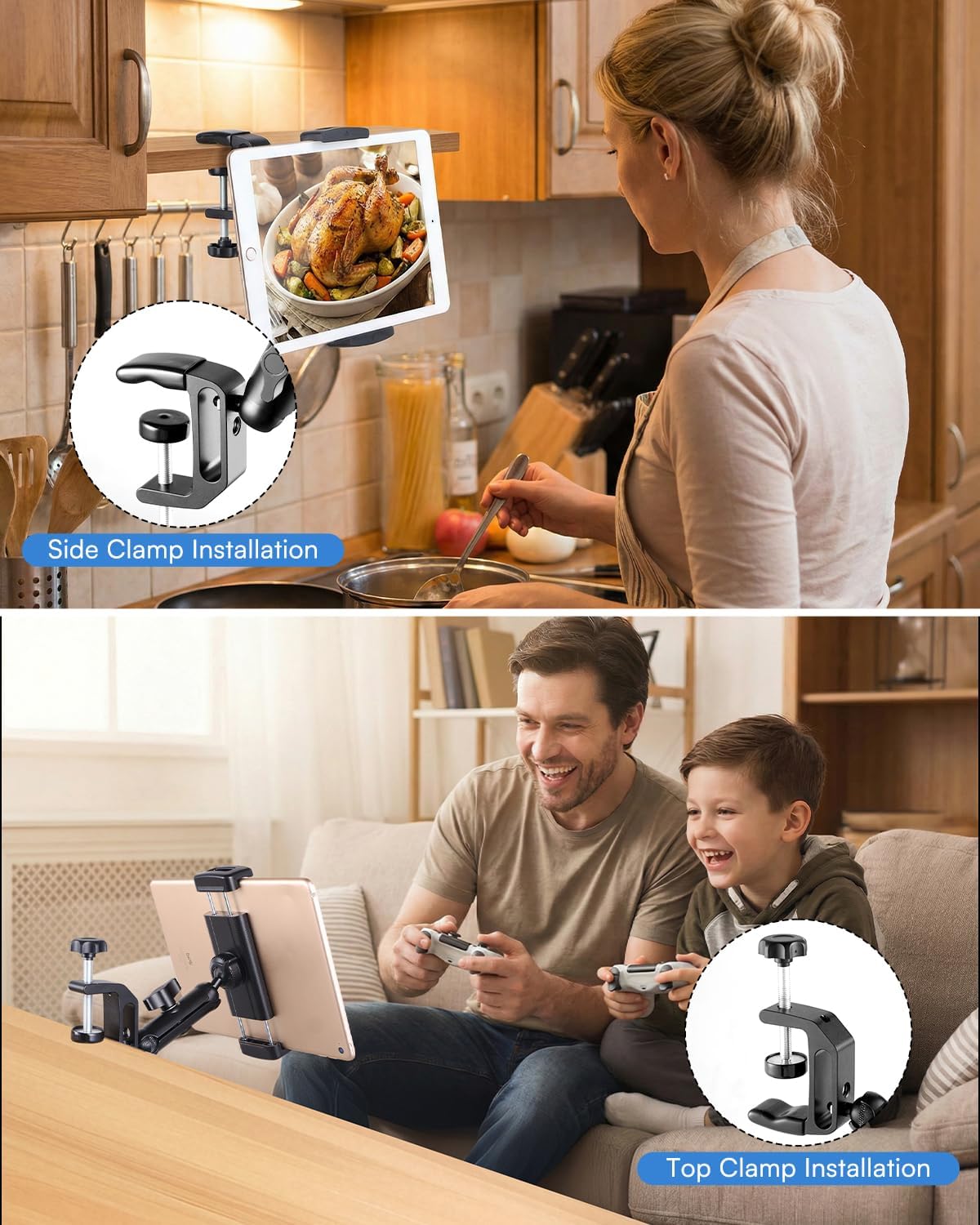 SH ipad Mount for Desk, Tablet Holder for Desk, Kitchen Tablet Holder iPad Mount, 360° Adjustable Aluminum Alloy Arm Stand for Work, Video Call, Bed, Compatible with 4.7"-13" iPad, iPhone, e-Reader