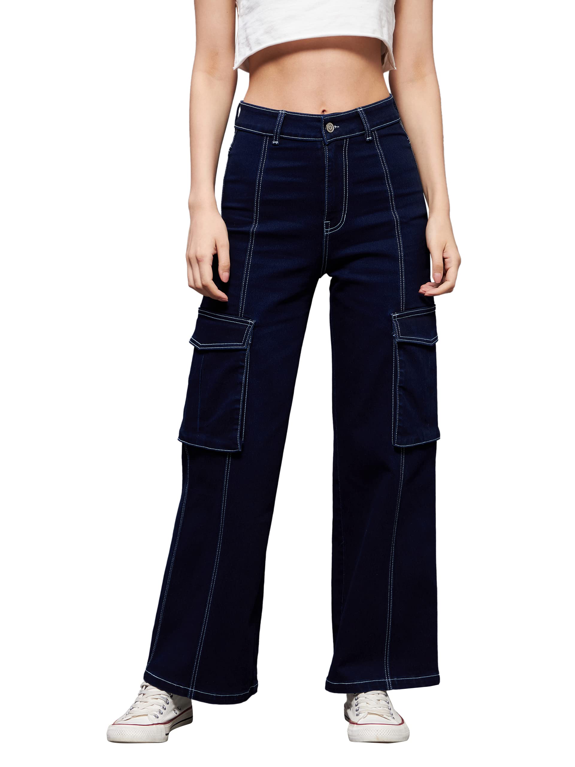 miss chase Women's Navy Blue Wide Leg High Rise Clean Look Regular Stretchable Denim Jeans-picture-35