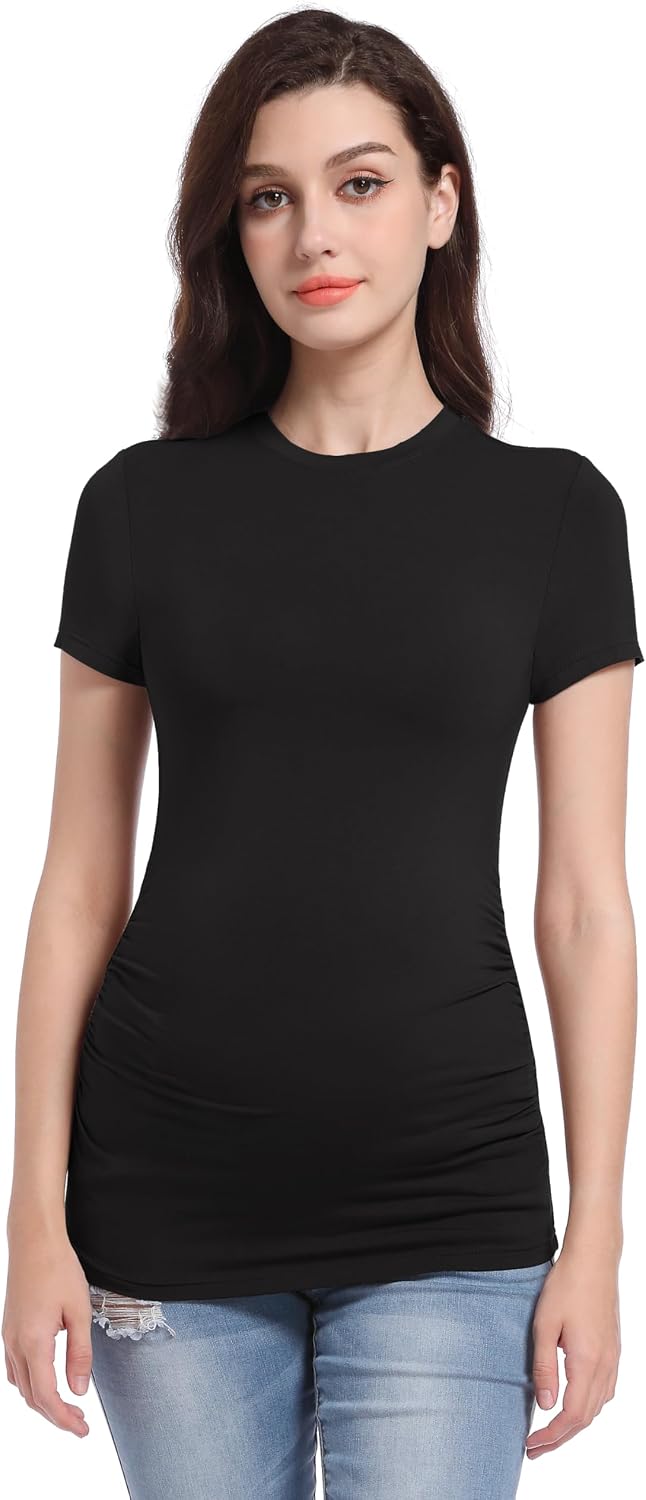 Foucome Women's Maternity Short Sleeve T Shirts | Crew Neck, Side Ruched, Buttery Soft and Stretchy Fabric, Summer Pregnancy Tops Basic Tees