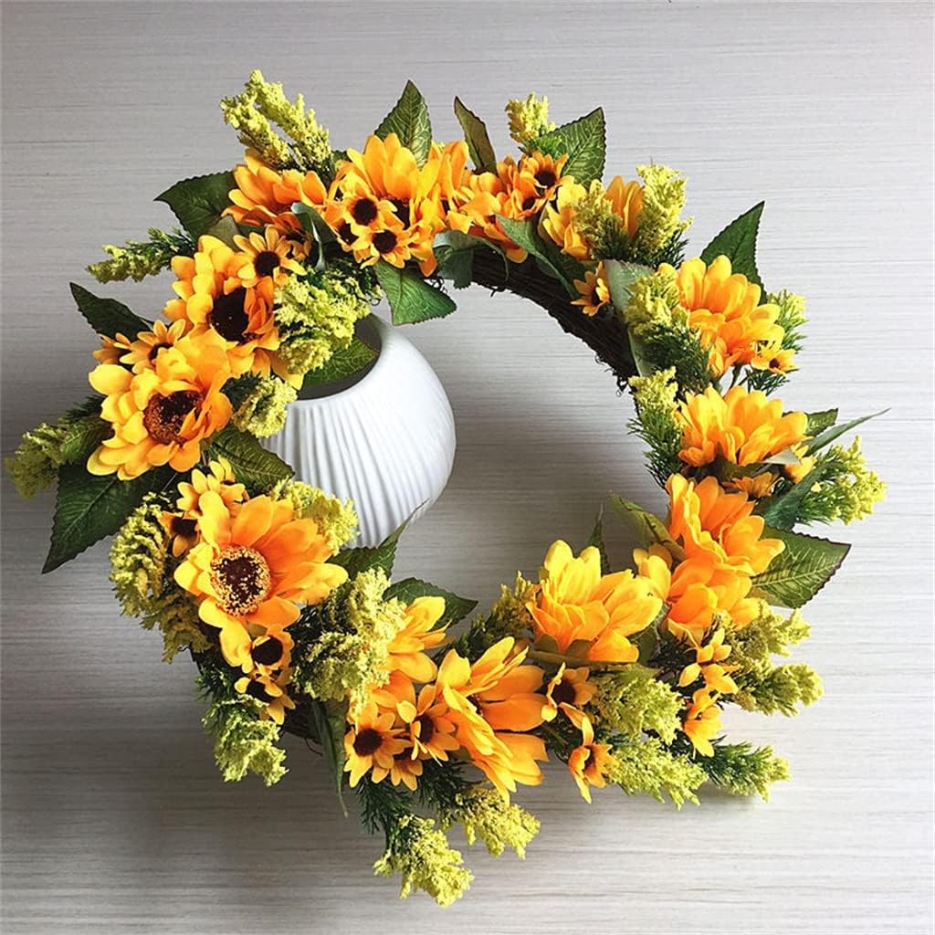 16 Inch Sunflower Wreath Green Leaves Front Door Indoor Wall Decorative Flower Wreath