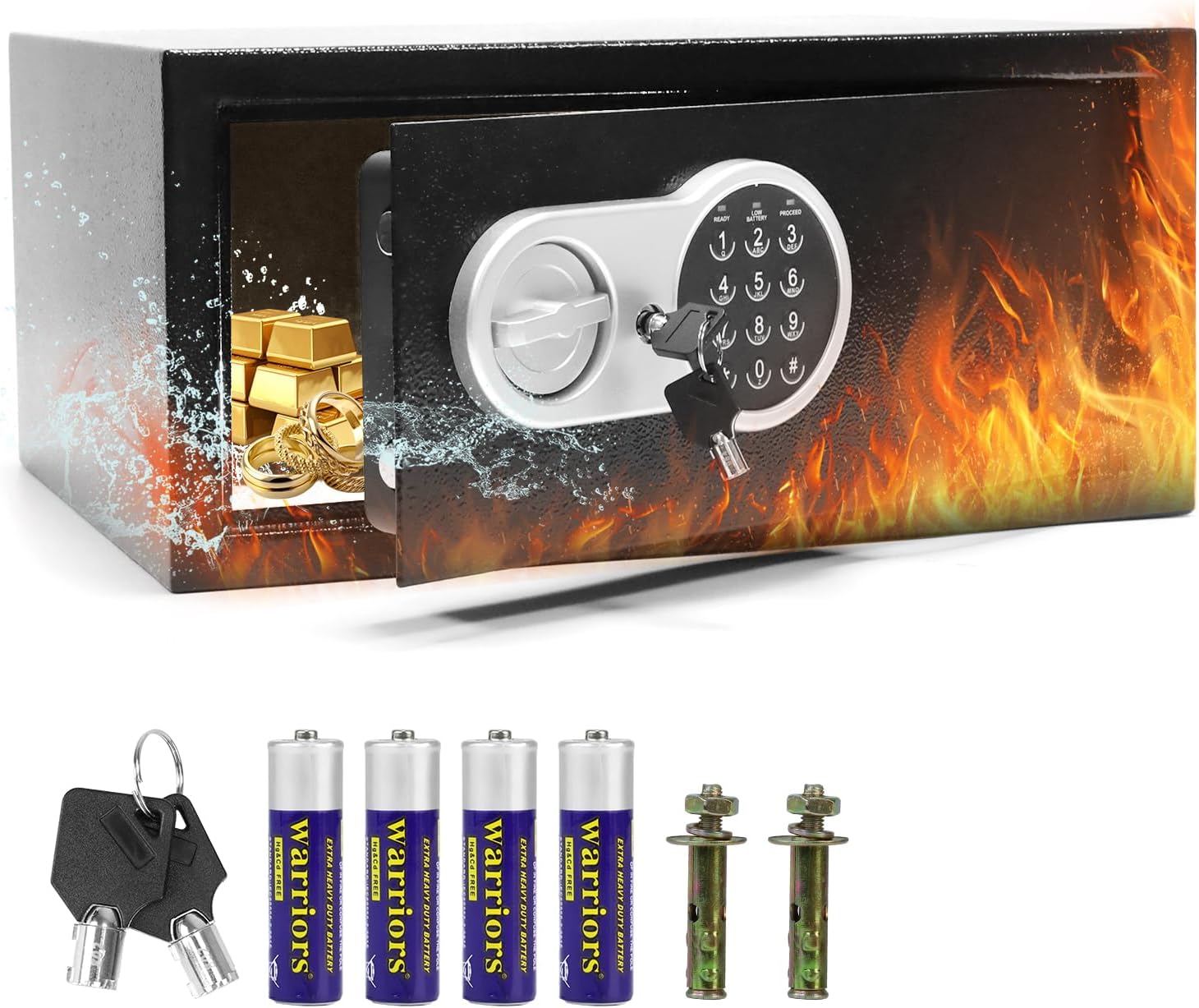 Hotel Safe Box, Wide Safe (33x43x20cm), large steel safe with hotel style digital lock and key for home, office and business, protects cash, laptops, jewelry, documents and passports. (Black)