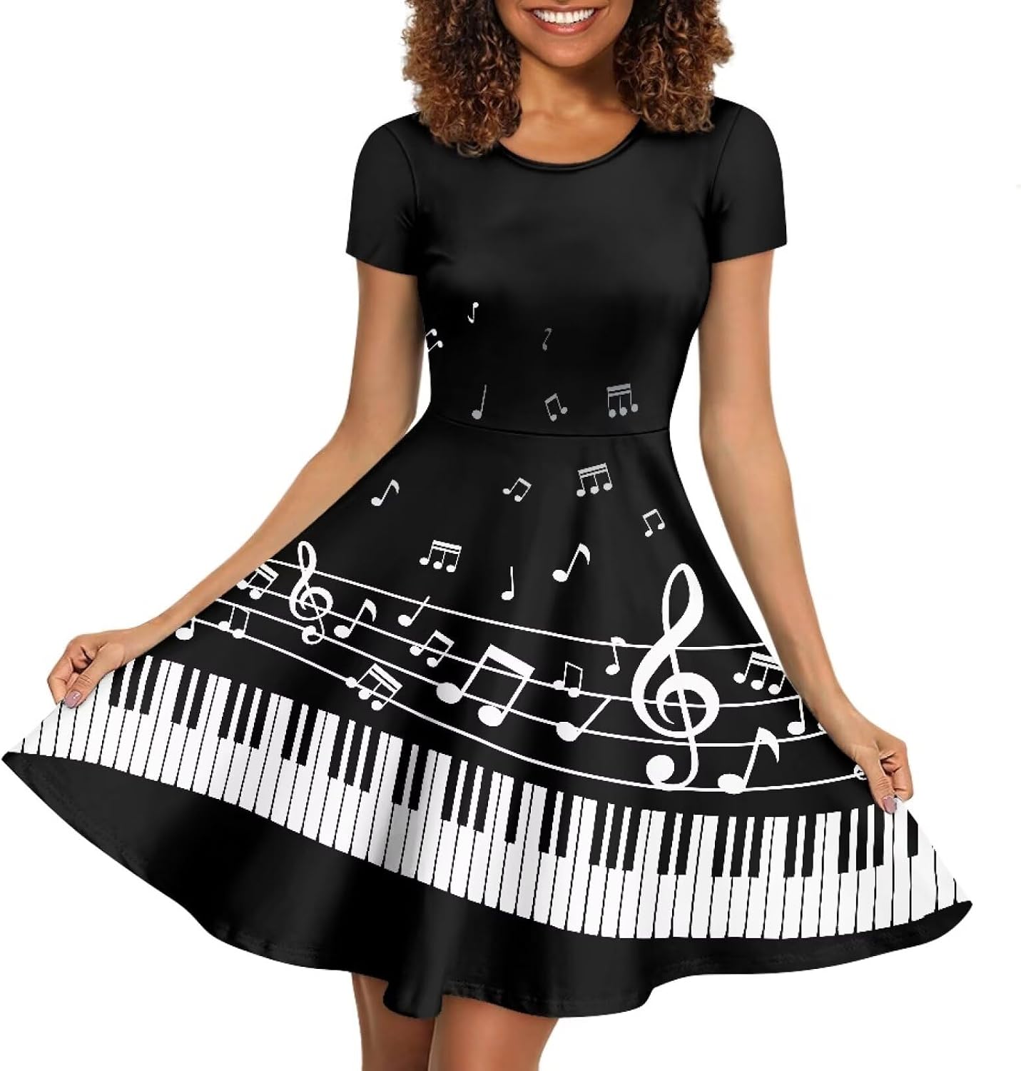 POLERO Women Puffy Swing Elegant Party Midi Dresses Short Sleeve Round Neck A-Line Dress