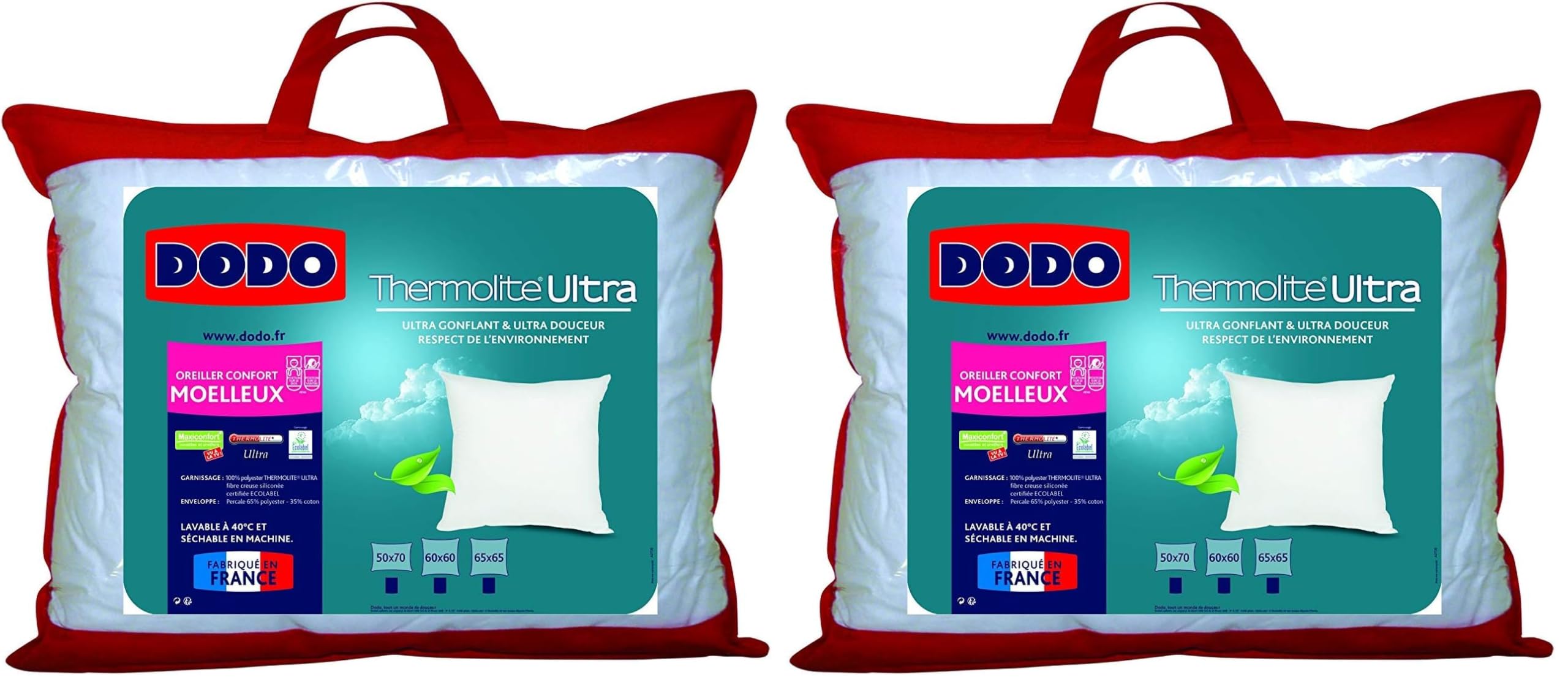 Oreiller Dodo 60x60 lot de 2 maxiconfort fibre recyclée durable