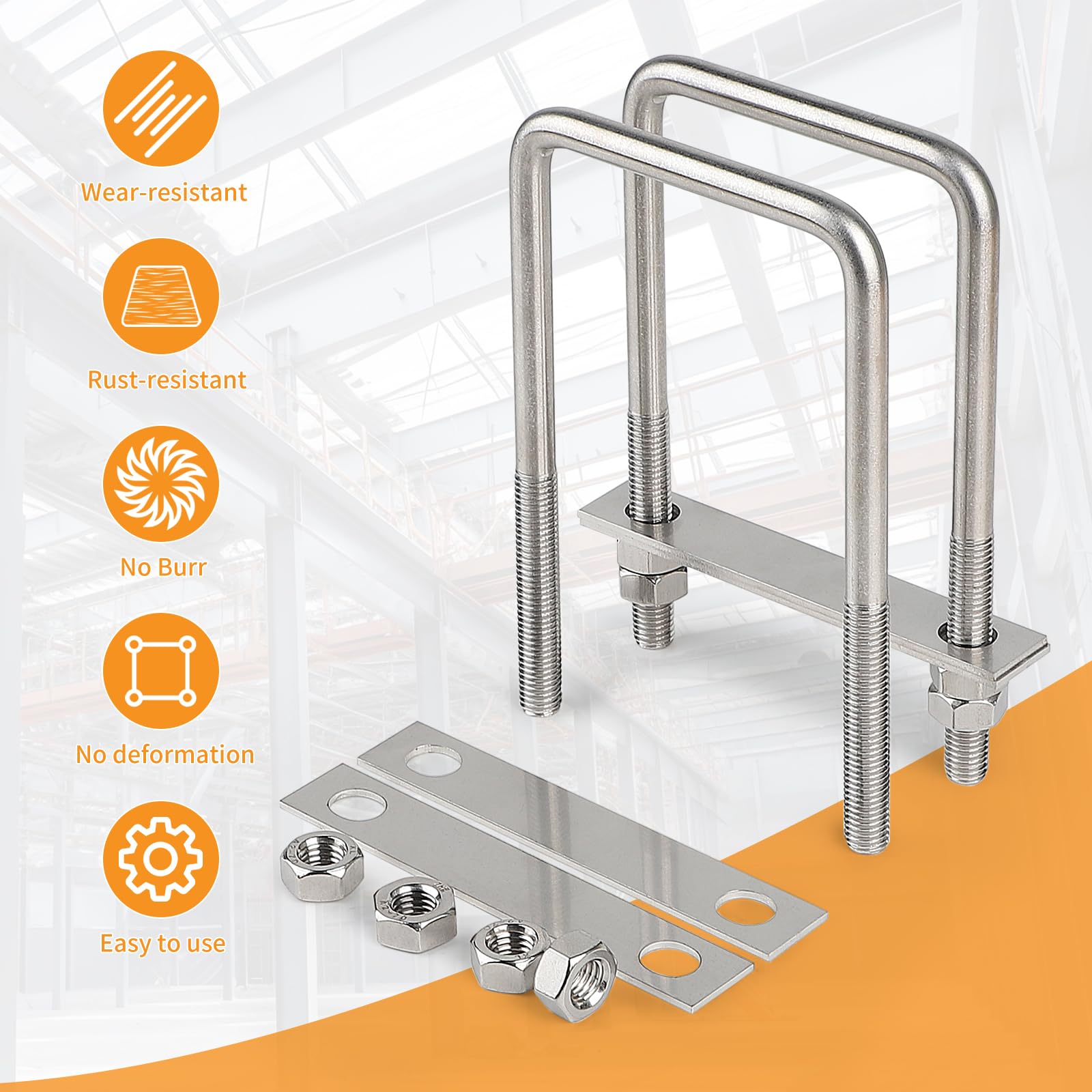 EFUTURETIME 4 x Bullone a U M10 Quadrato 80 * 150mm, Cavallotto di Fissaggio a U Acciaio Inox con 16 Dado e 8 Lamiera per Tubi, Industriali, Vita Quotidiana