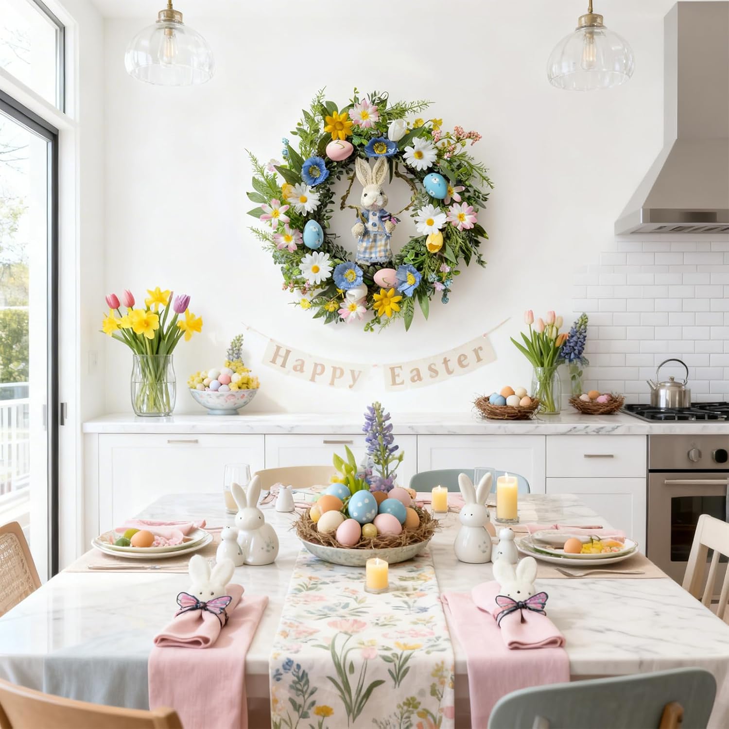 22" Spring Summer Easter Wreaths for Front Door with Straw Bunny, Colorful Flowers and Decorative Eggs Home Wall Porch Window Outdoor Cute Decoration