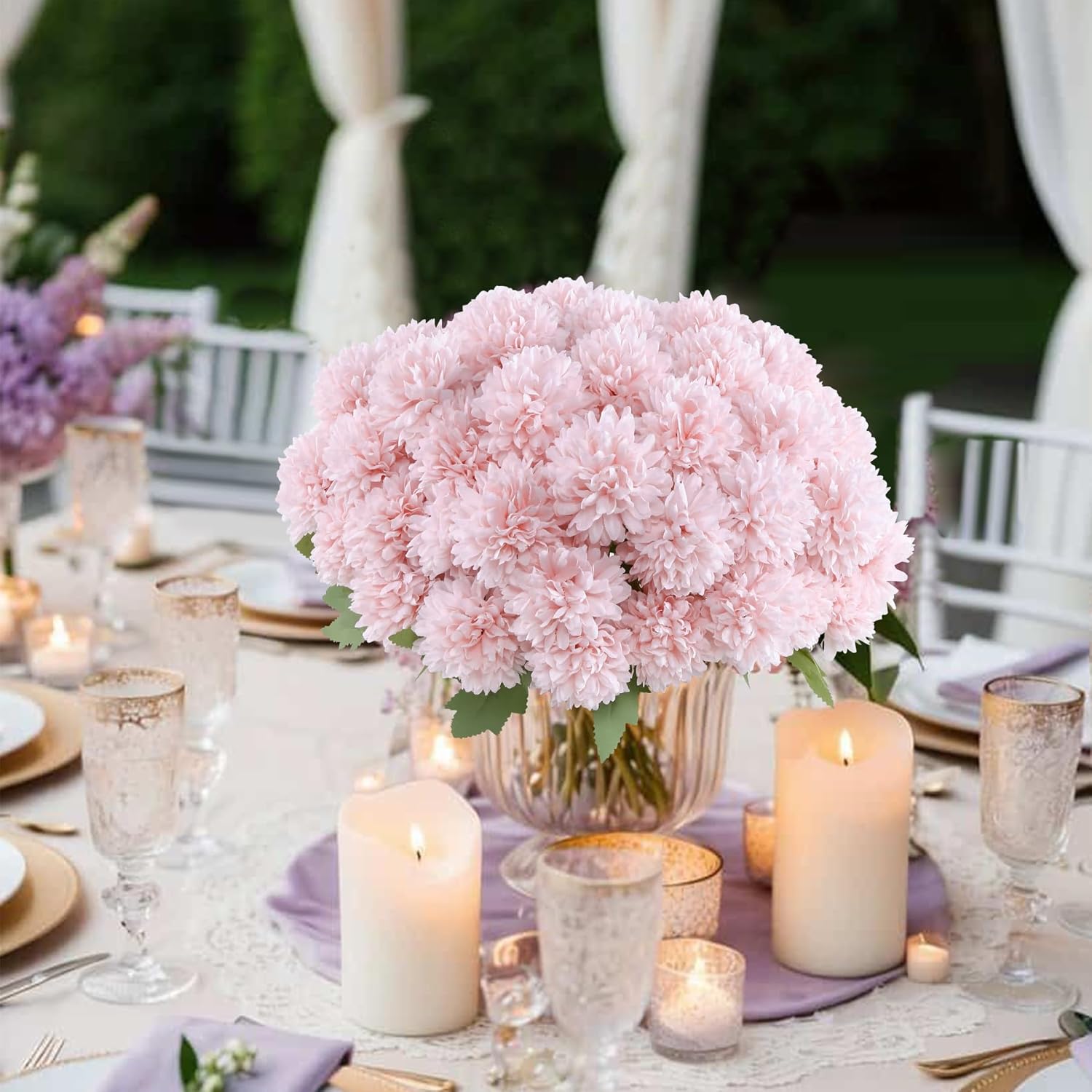 12 Bundle Artificial Mums Flowers for Outdoor Spring Decoration,Faux Ball Chrysanthemums Bouquet Fake Silk Flower for Vase Easter Table Floral Arrangement Wedding Home Decor(12, Pink)