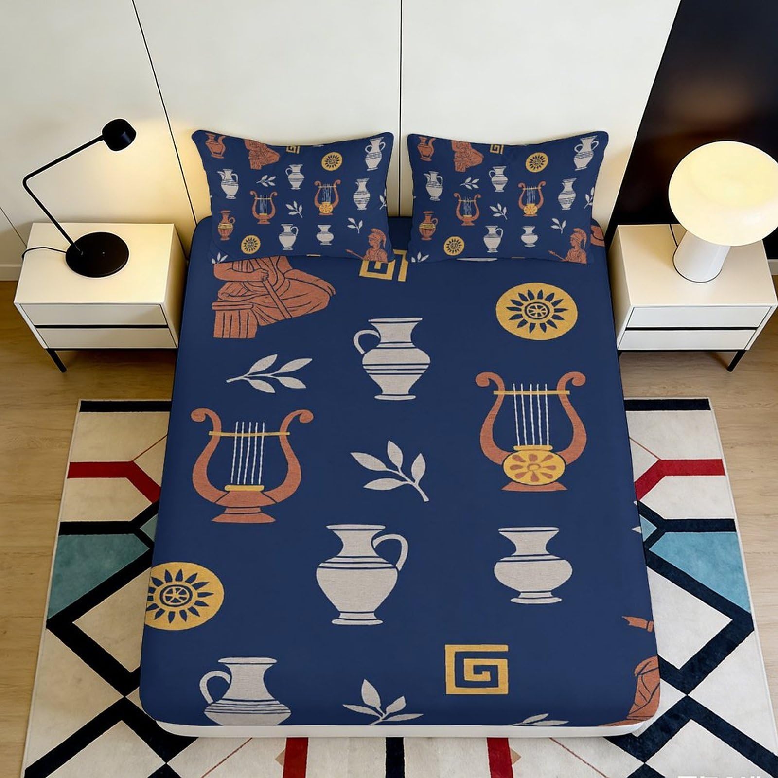 3D Printed Ancient Greek Vase Fitted Sheet Microfiber Soft Blue Lyre Bed Cover for Bedroom Guest Room Decor 90x200x25cm
