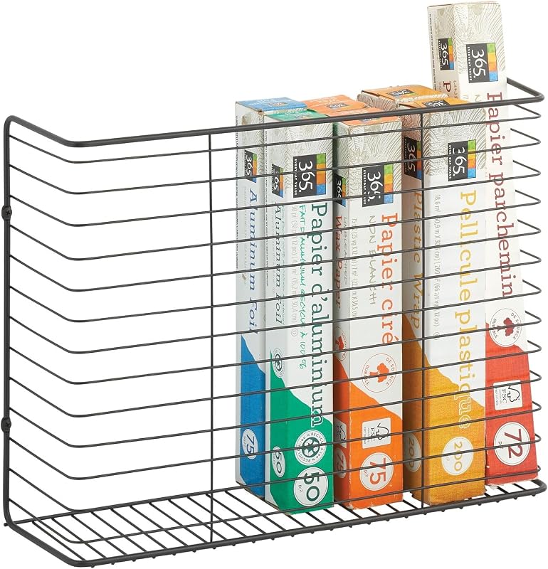 Cesta organizadora de almacenamiento en ángulo con decoración de pared de casa de campo de metal portátil para colgar en la cocina/despensa - Almacene bolsas de plástico, láminas, aceites, bolsas de sándwich - Negro