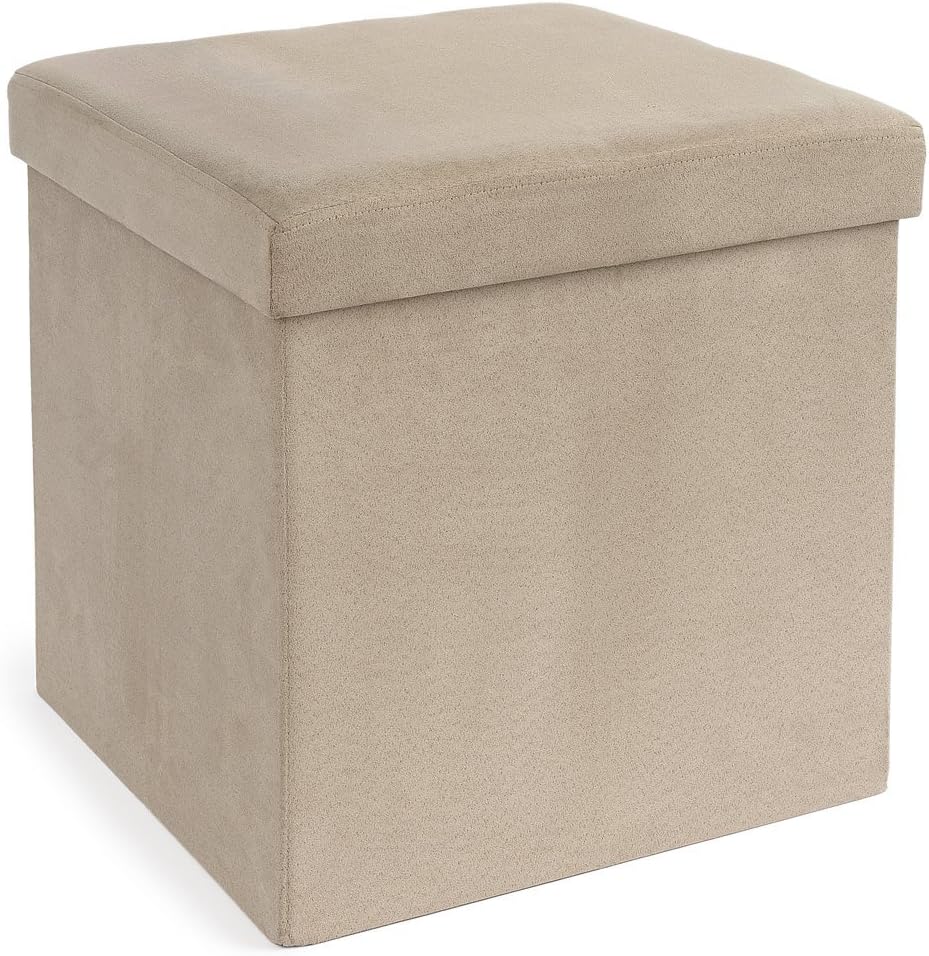 FHE Group Microsuede Folding Storage Ottoman, 15 by 15 by 15 Inches, Beige