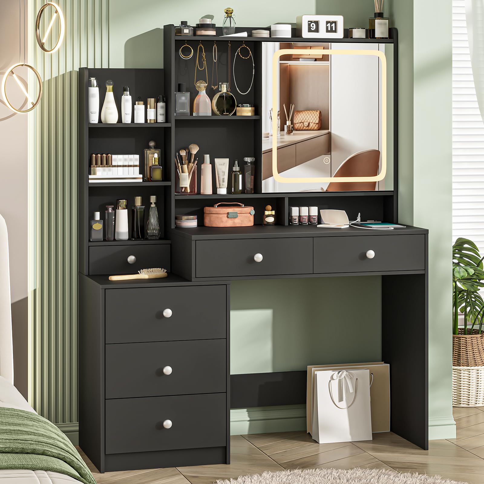 Vabches Makeup Vanity with LED Lights Mirror and Charging Station, Vanity Desk with Multiple Shelves and Drawers, Dressing Desk with 3 LED Light