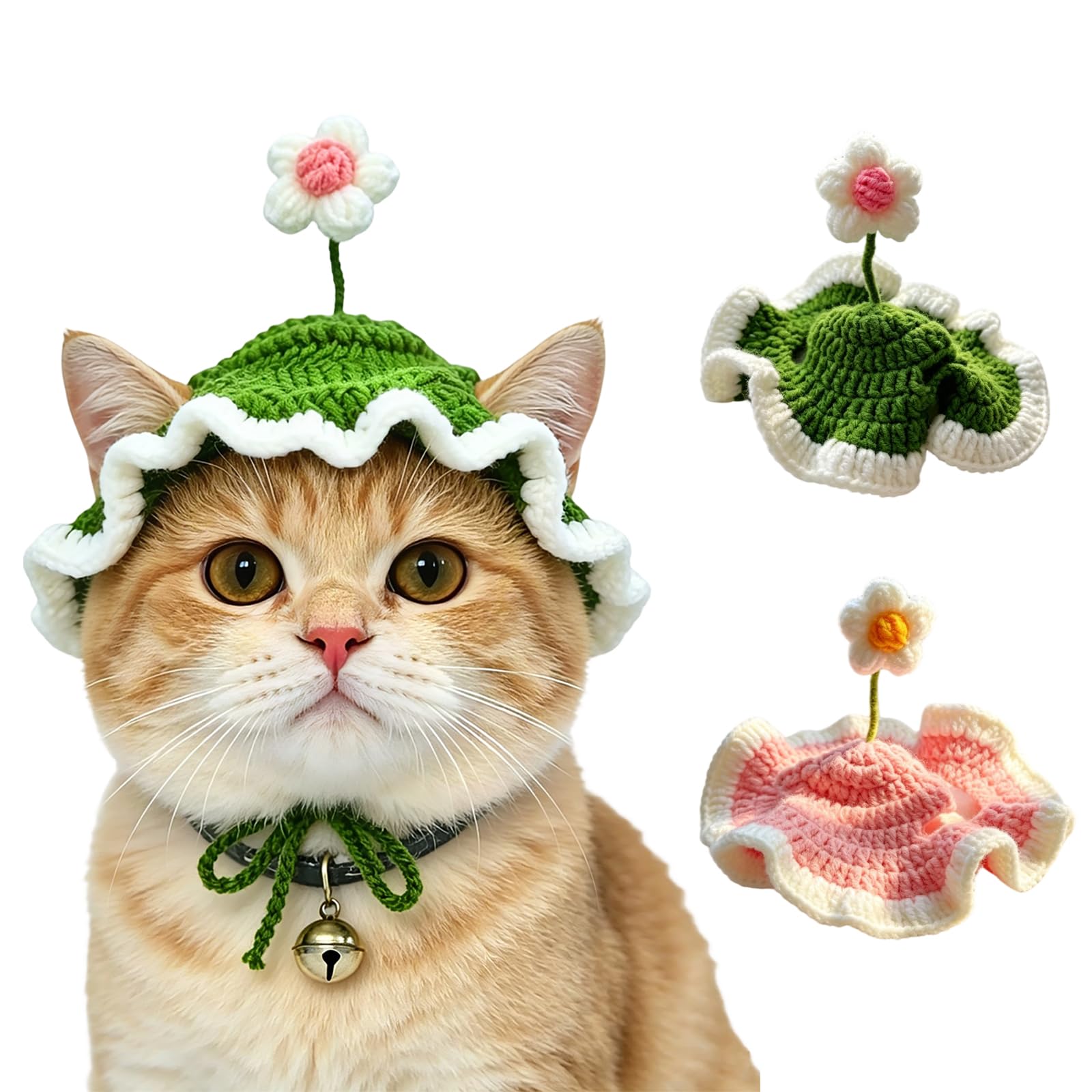 2-Piece Cat Flower Hat, Crochet Cat Hats for Cats Only, Knitted Kitten Headwear with Ear Holes, 3D Daisy Pet Apparel for Photo Prop & Birthday Outfit (Pink & Green)-image-27