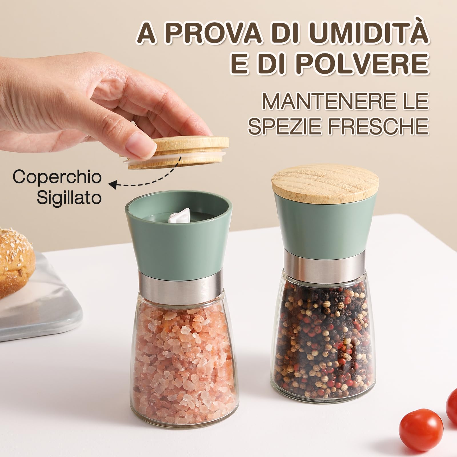 Vucchini Set di macinacaffè sale e pepe, facile da riempire e utilizzare; macinino in ceramica di alta qualità, di grande capacità, ideale per condire alla perfezione con smerigliatrice regolabile,